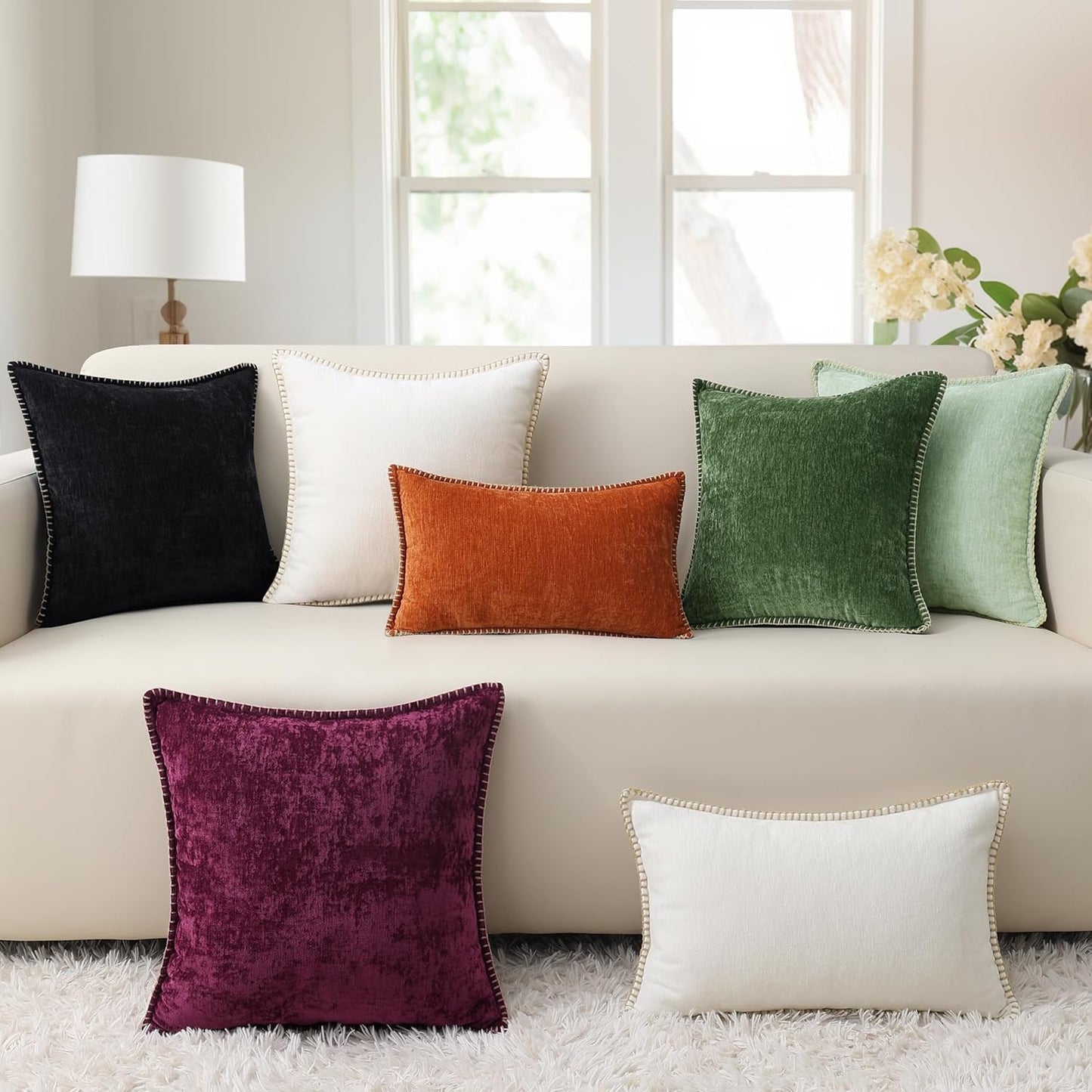 decorUhome Chenille Soft Throw Pillow Covers 26x26 Set of 2, Farmhouse Velvet Neutral Decorative Euro Pillow Covers with Stitched Edge for Couch Sofa Bed Home Decor, Black