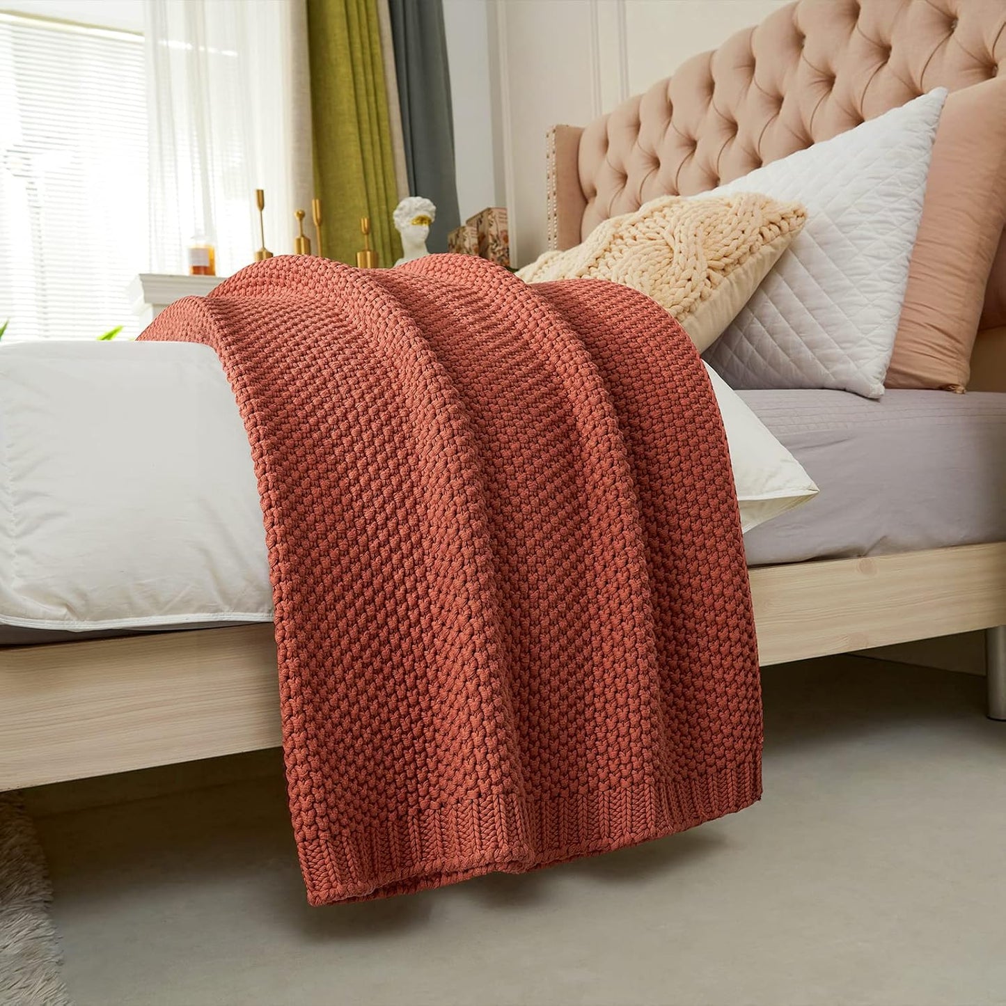 Longhui bedding Chunky Cable Knit Throw Blanket Lightweight Rust 100% Organic Cotton Blanket for Sofa Couch Bed Baby Nursery, Rustic Shabby Chic Modern Farmhouse, 60” x 80” Give Laundering Bag