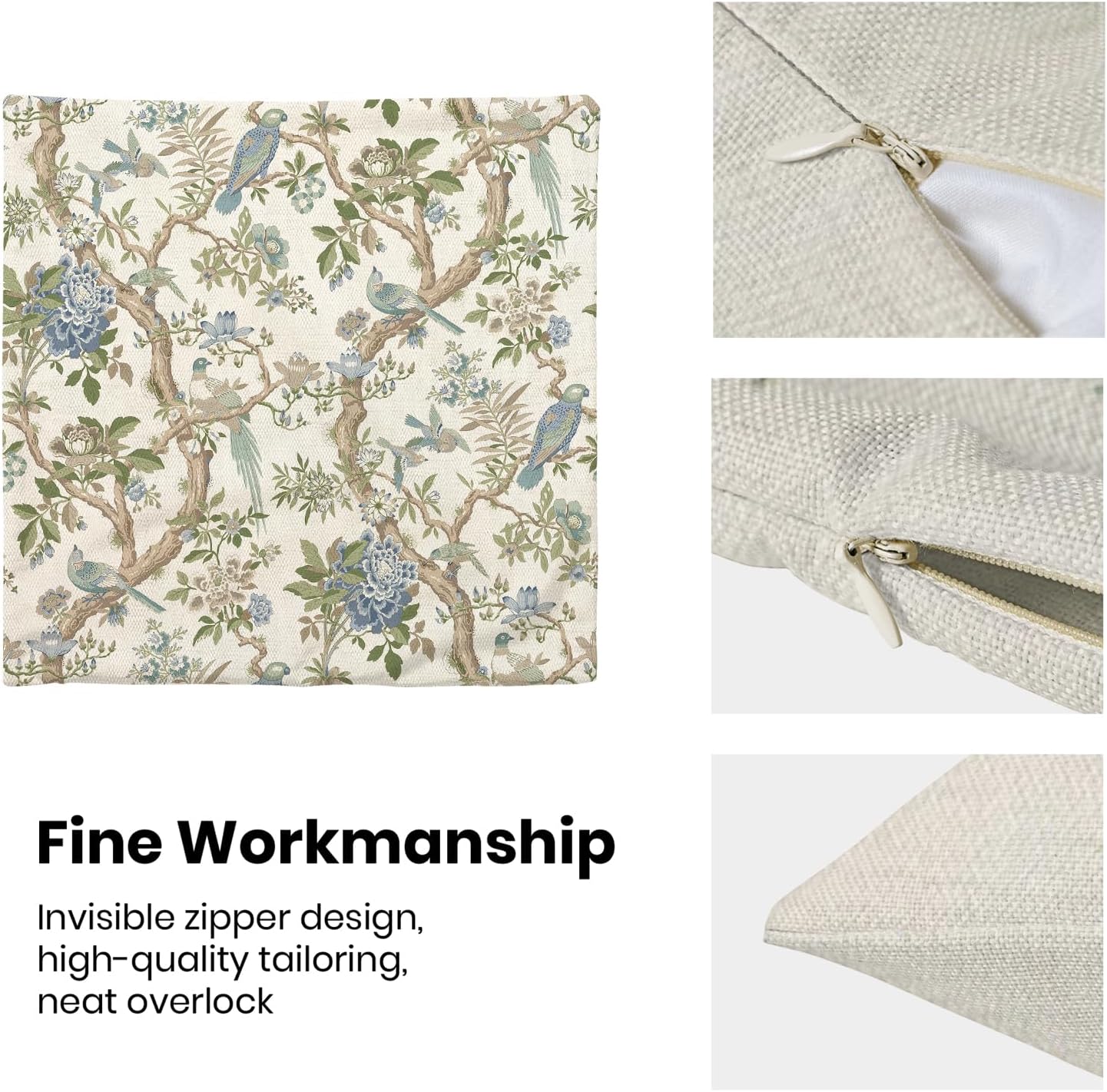 CXMEIFLY Chinoiserie Spring Pillow Covers 22 x 22 Inch Set of 2 for Blue Sage Green Vintage Flowers Bird Decor Throw Pillows Plant Farmhouse Outdoor Decorative Cushion Cases for Couch Bed Decorations