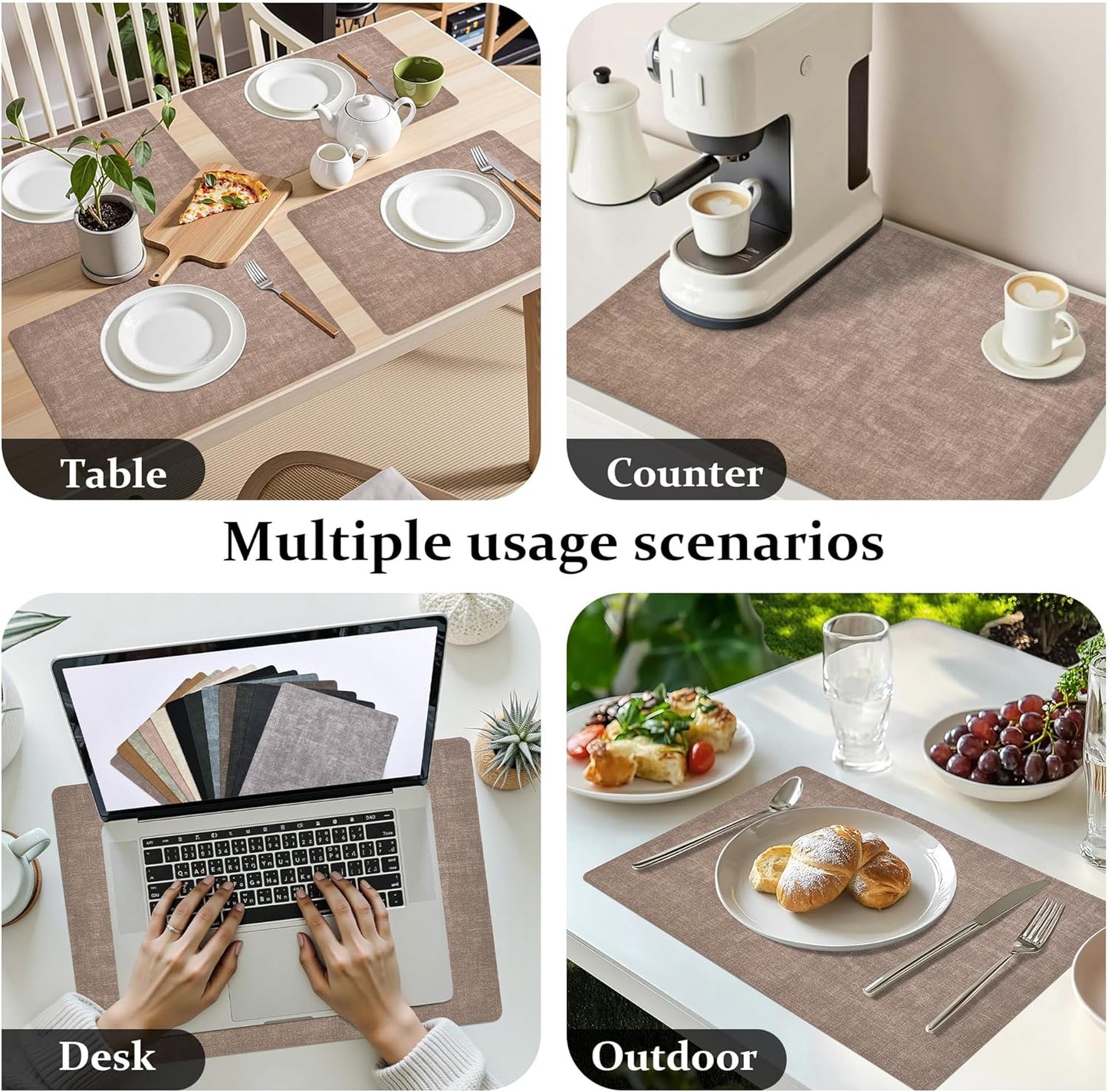 FROMHEART Faux Leather Placemats Set of 6–Waterproof,Heat/Oil Stain-Resistant PU Table Mat–Reversible,Non-Slip,Easy to Clean Place Mats for Kitchen,Dining,Indoor/Outdoor,(Dark Coffee,11.8" x 17")