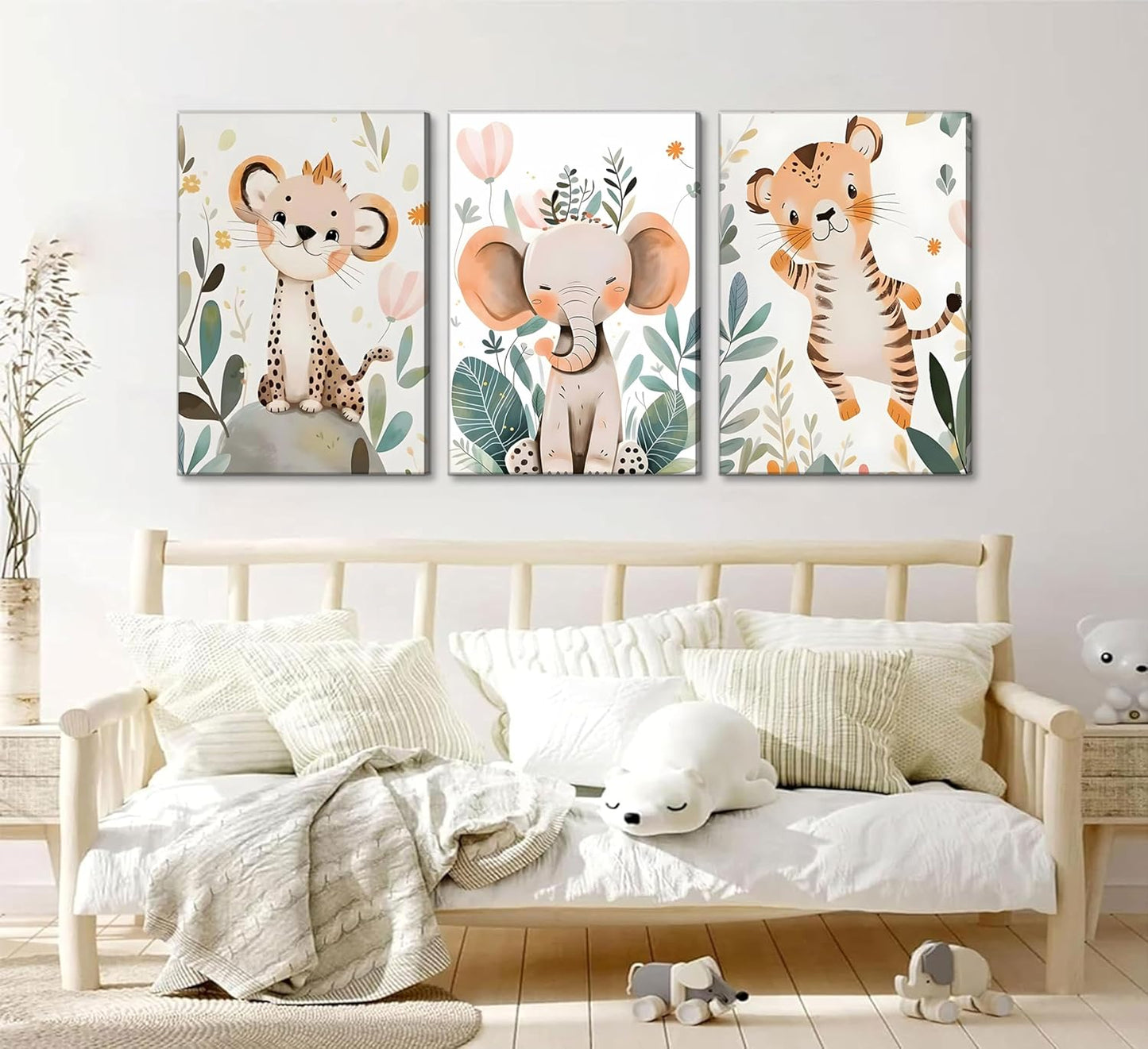 3 Pcs Safari Animals Nursery Canvas Wall Art Jungle Animals Cheetah Elephant Tiger Kids Room Illustration Pictures Wall Decor Posters Print Artwork for Classroom Boy's Girl's Room Bedroom