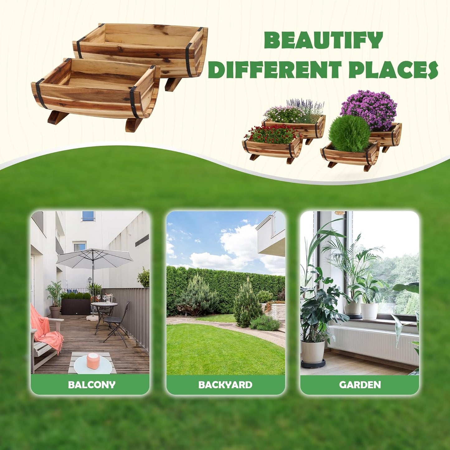 IDZO Solid Acacia Wood Half Barrel Planters Outdoor Set of 2 Different Sizes, Wooden Planters for Outdoor Plants with Metal Bands & Drainage Holes, Legs Included, Natural