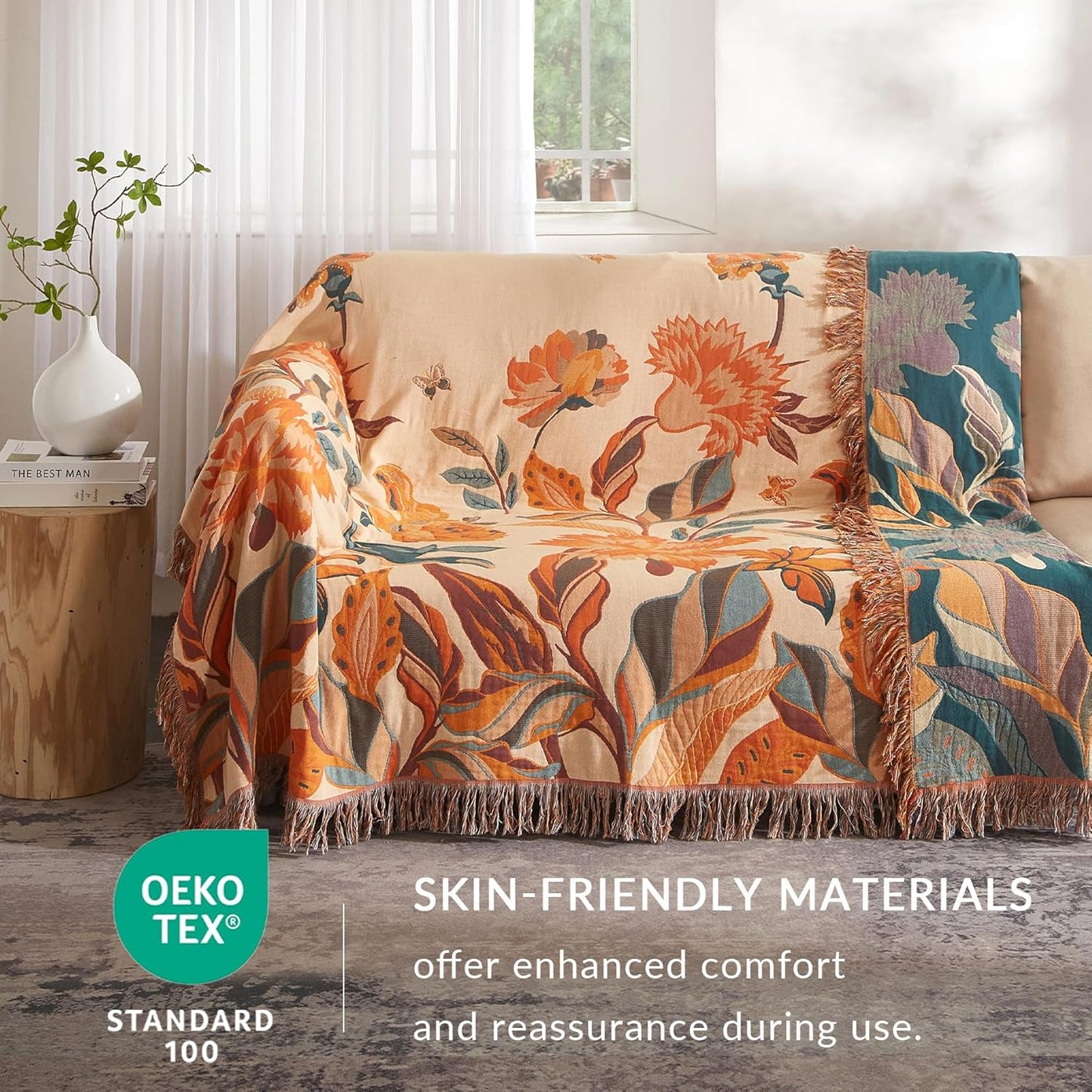 Boho Throw Blanket for Couch Sofa Bed, 100% Cotton Woven Quilt with Tassel 90”x98”, Super Soft Muslin Blanket with Floral Printed, Decorative Reversible Bed Blanket/Cover for All Seasons