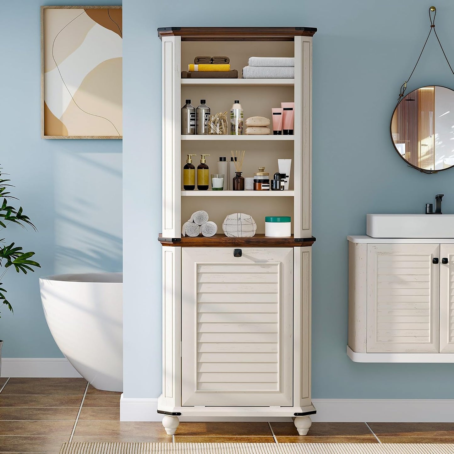 DWVO Tilt Out Laundry Hamper, Farmhouse 4-Tier Storage Cabinet with Removable Laundry Basket, Laundry Hamper Organizer with 2 Adjustable Shelves for Laundry Room, Bathroom, White