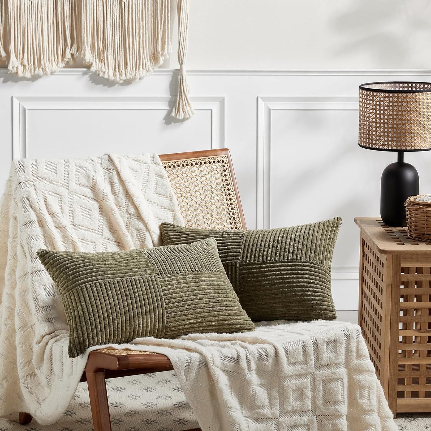 Fancy Homi 2 Packs Olive Green Long Lumbar Decorative Throw Pillow Covers 16x24 Inch for Couch Bed Sofa, Rustic Farmhouse Boho Home Decor, Soft Striped Corduroy Rectangle Accent Cushion Case 40x60 cm