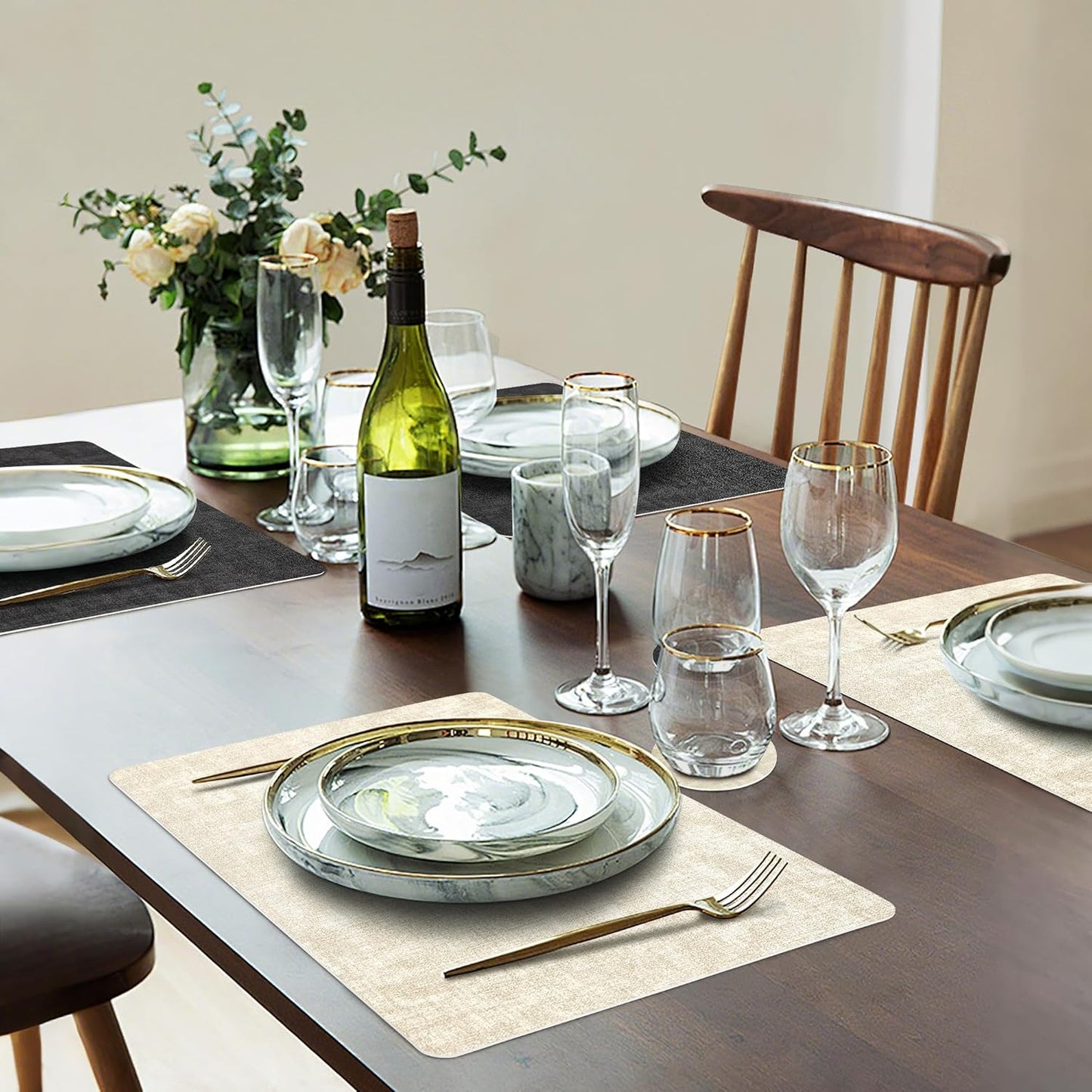 Faux Leather Dual Sided Placemats Set of 6, Square Non-Slip Heat Resistant Placemats with Coaster, Reversible Wipeable Waterproof Table Mats for Kitchen, Dining, Outdoor (6, Black Beige)