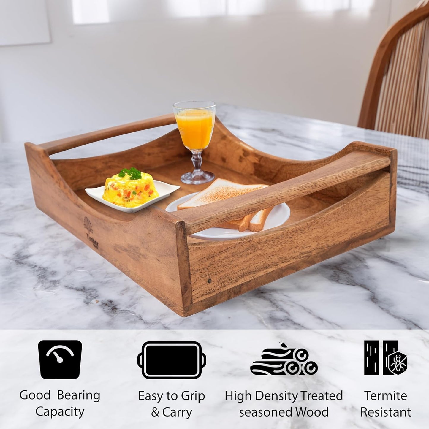 Wooden Serving Tray with Handles – Large 16"x10"x3.5" Mango Wood Decorative Rectangular Platter for Breakfast, Lunch, Dinner, Coffee & Tea – Ideal for Table, Lap, Couch, BBQ & Party Use
