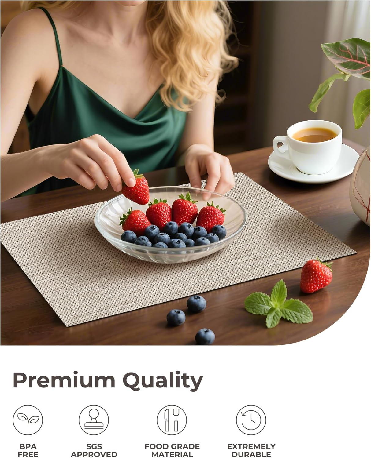 Leetaltree Beige White Placemats Set of 8 - Heat Resistant Non-Slip Place mats for Dining Table, Washable Durable PVC Vinyl Woven Table Mats(Beige White, 8)