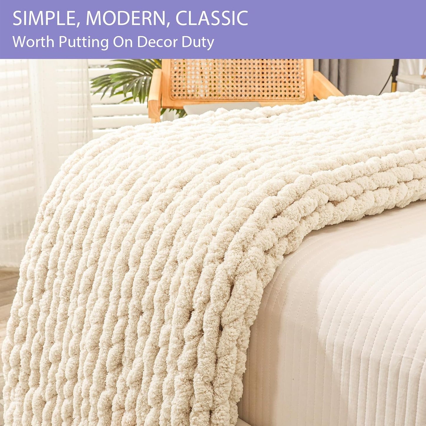 Bigacogo Chunky Knit Throw Blanket for Couch, 40x60 inches, 100% Hand Knitted with Thick Jumbo Chenille Yarn, Cozy Soft Large Rope Knot Cable Crochet Blankets for Sofa Bed Living Room, Beige