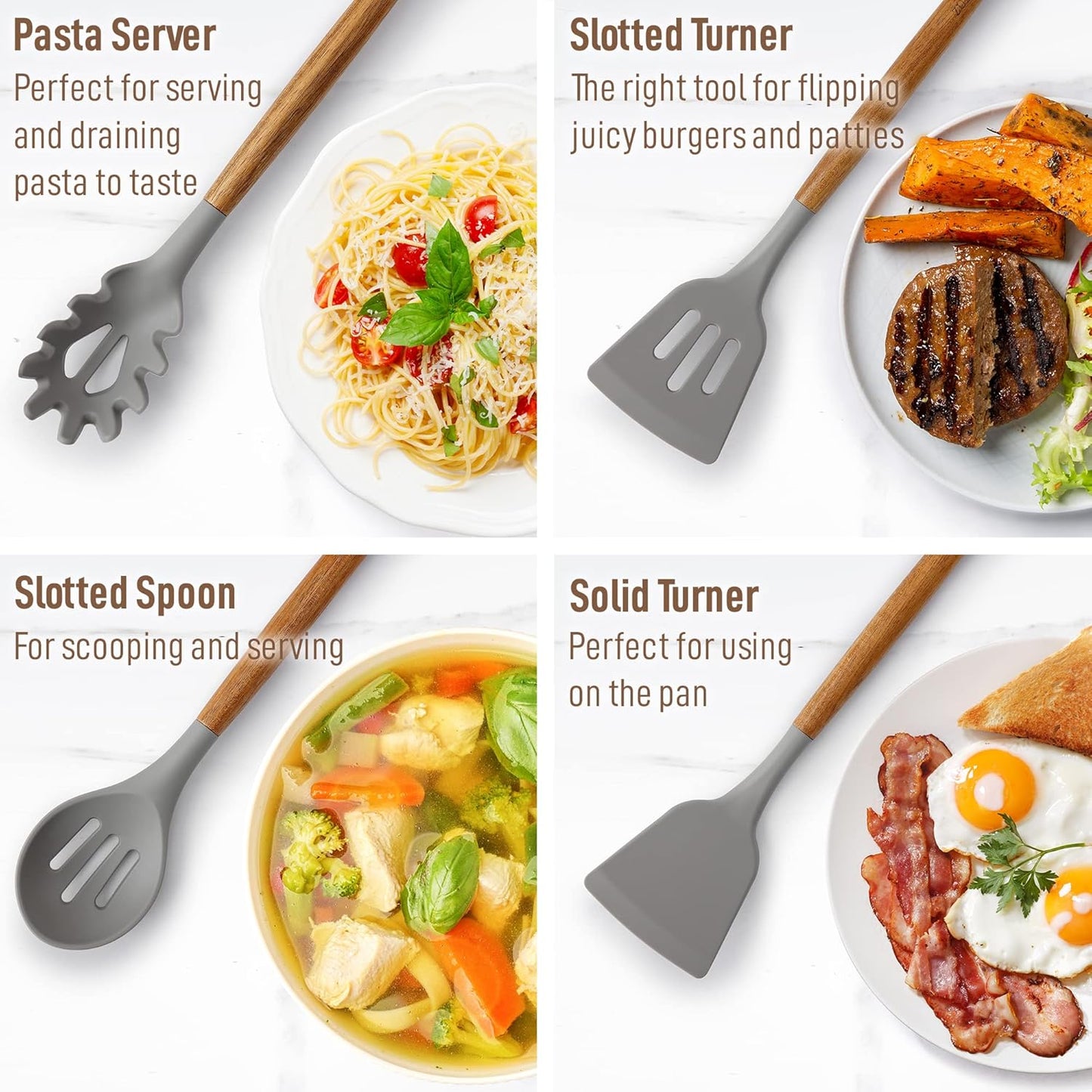 Zulay Kitchen Utensils Set Non-Stick Silicone Cooking Utensils Set with Authentic Acacia Wood Handles - 8 Piece Set - Silicone Kitchen Utensils Set with 464°F Heat Resistance - Gray