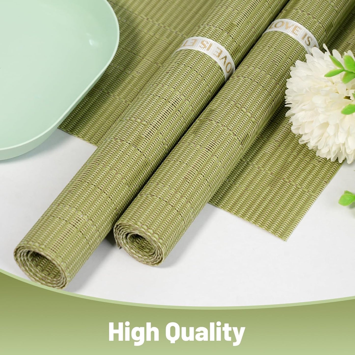 Placemats Set of 6,Non-Slip PVC Weave Table Mats Easy to Clean,Heat Resistant Place Mats for Kitchen Dining Table Decoration Indoor Outdoor,Pea Green