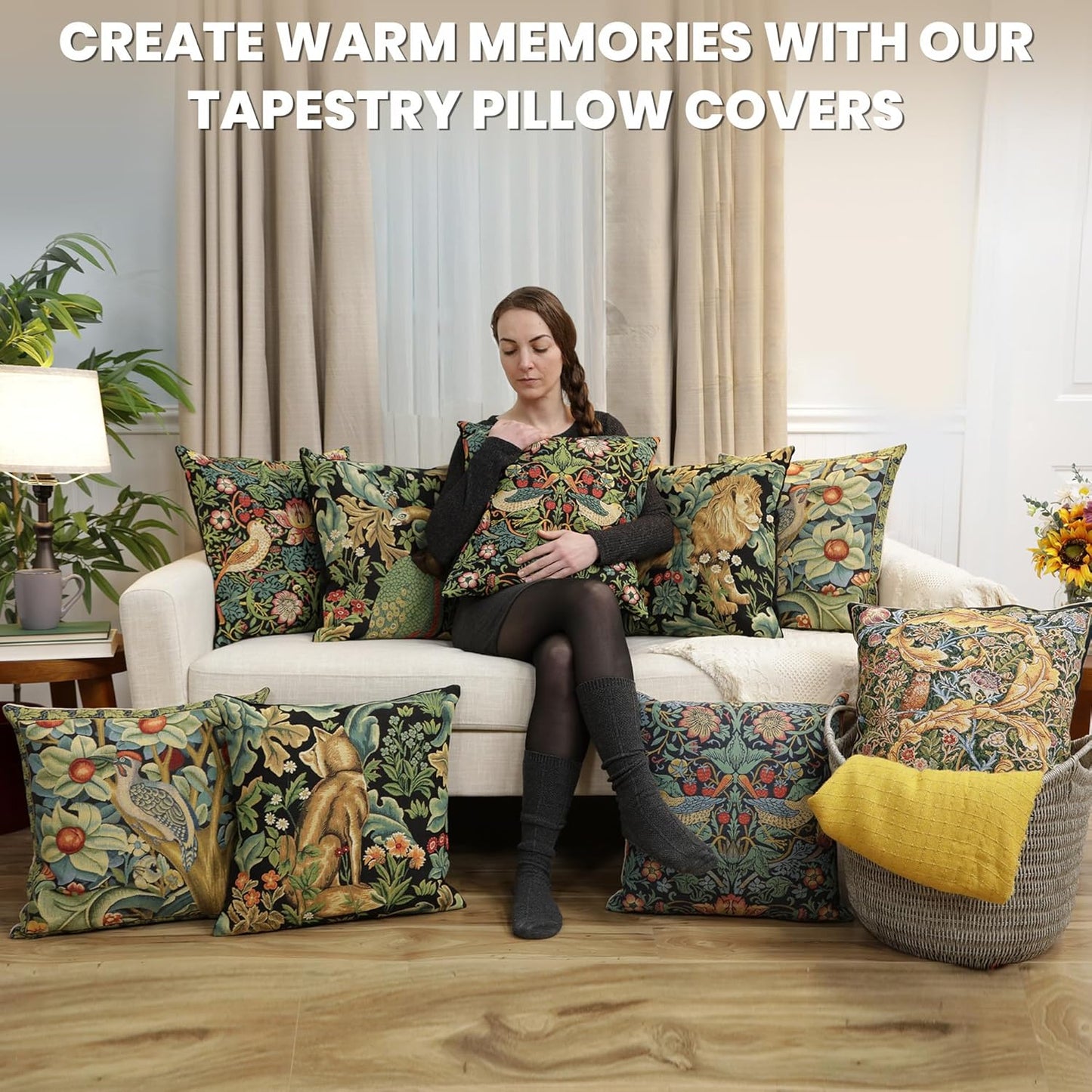 Charlotte Home Furnishings Throw Pillow Covers, Decorative Boho Pillow Covers for Couch, Living Room, Black Woodpecker Square Cushion Cases 18x18 in, European Cotton Jacquard Woven, Cozy Bedroom Decor