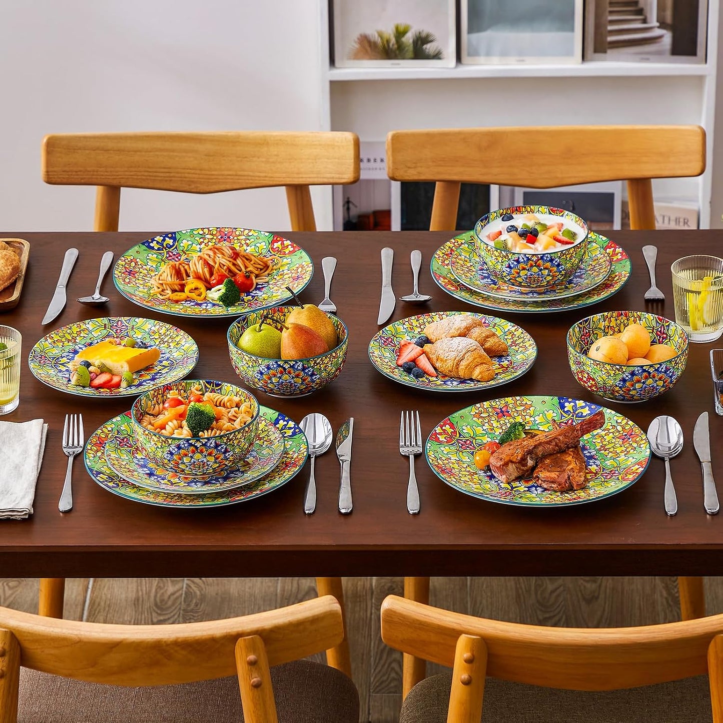 vancasso 12 Pieces Dinnerware Sets, Green Plates and Bowls Set, Porcelain Dishes Set for 4, Microwave and Dishwasher Safe, Scratch Resistant, Bohemian Style Dining Ware Service for 4, Series SIMI