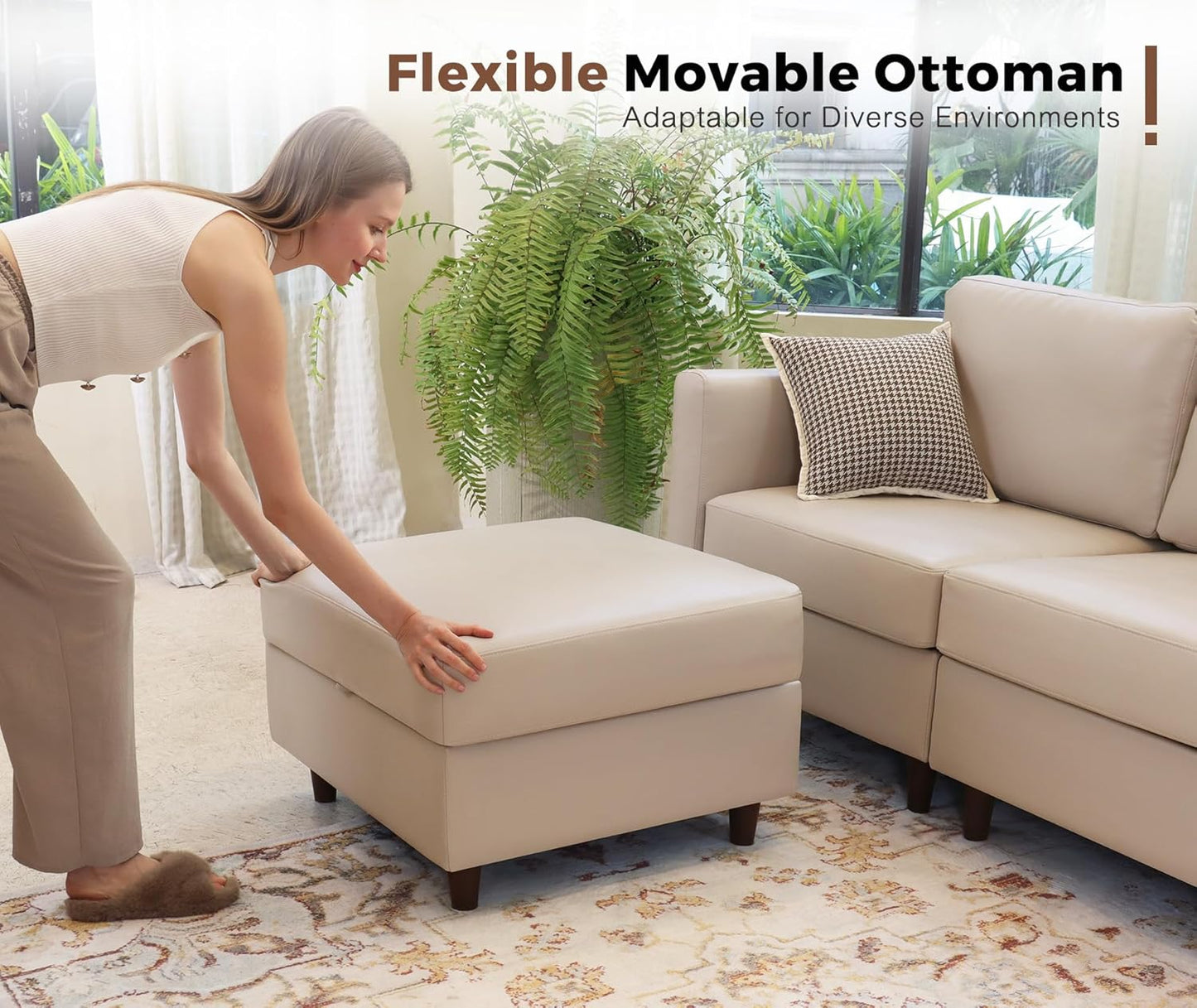 ABCASA Oversized 145.5" Faux Leather Modular Sectional Sofa, Modern Large 10 Seater U Shaped Couch with Storage Seat with Reversible Chaise Deep Seat for Living Room DIY Combination - Whitesand