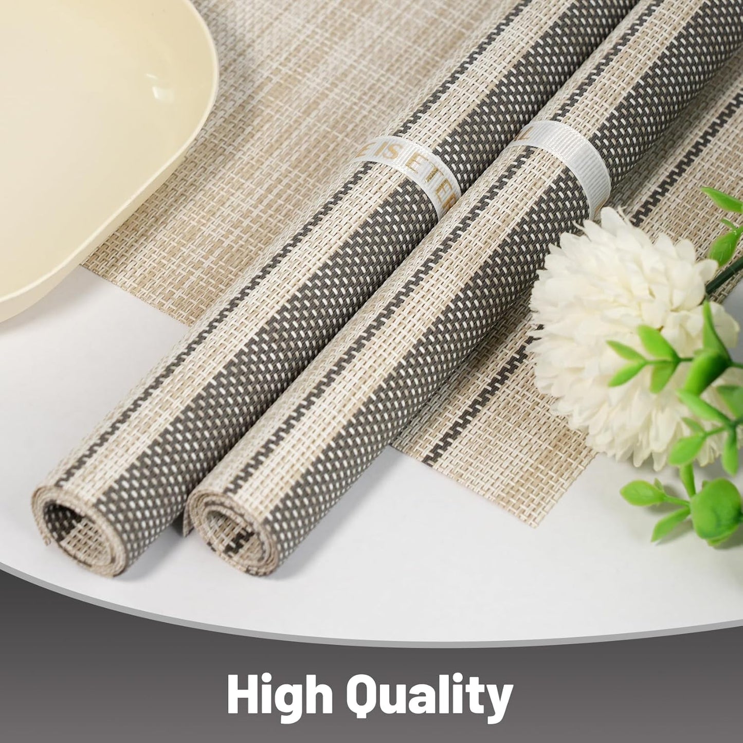 Placemats Set of 6,Non-Slip PVC Weave Table Mats Easy to Clean,Heat Resistant Place Mats for Kitchen Dining Table Decoration Indoor Outdoor,Khaki Gray