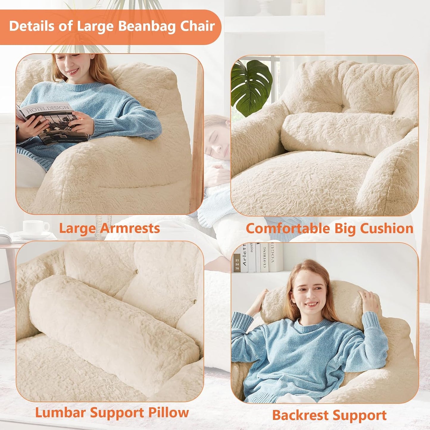 Bean Bag Chair for Adults with Pillow,Oversized Bean Bag Couch for Adults Chairs,Giant Lazy Couch Sofa Chairs with Filler,Large Reading Chair for Living Room Bedroom,Apricot
