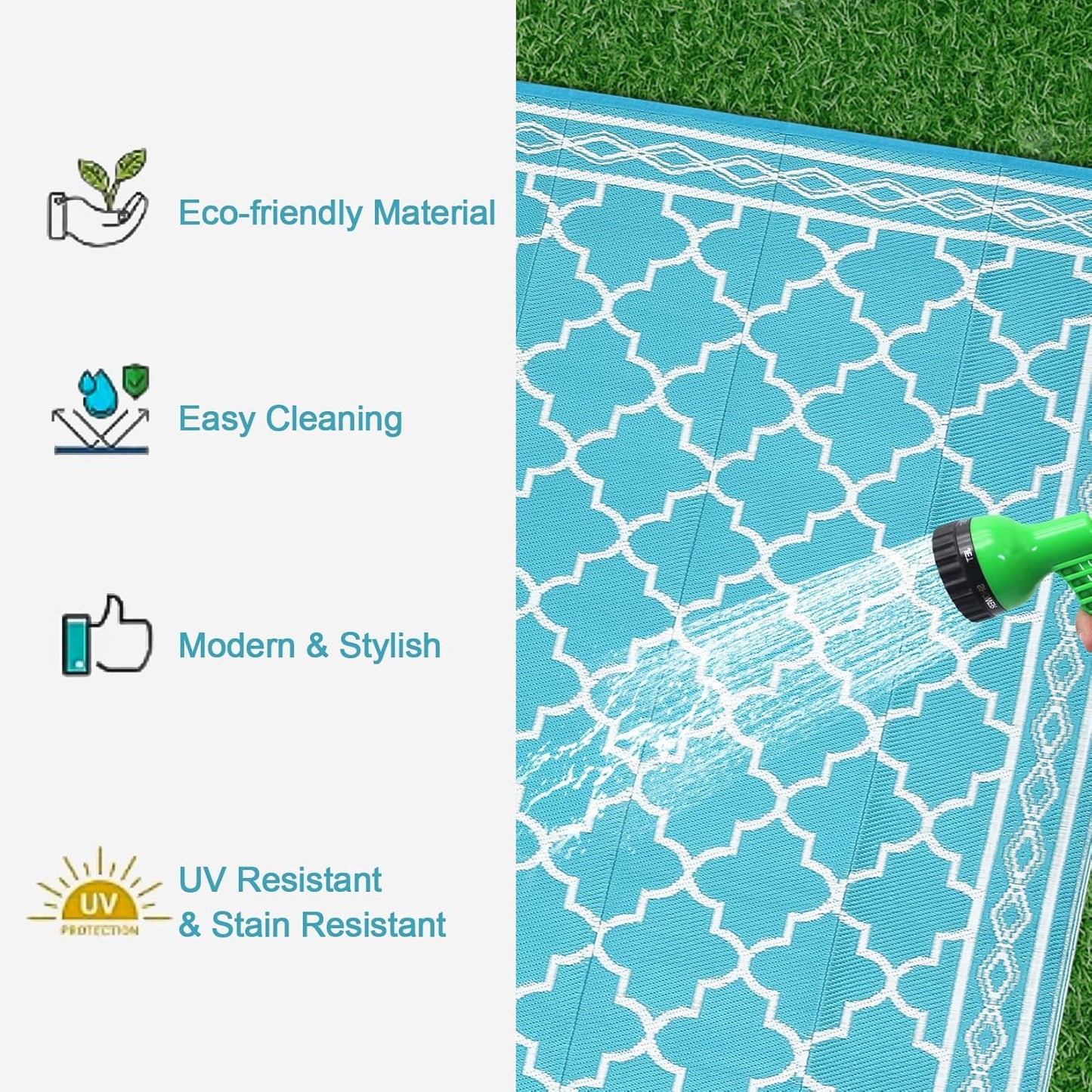 GAOMON Outdoor Rug for Patio 5'x8' Reversible Plastic Rugs Camping Mat for Outdoor, RV, Backyard, Deck, Balcony, Picnic, Beach, Teal/White(Geometric)