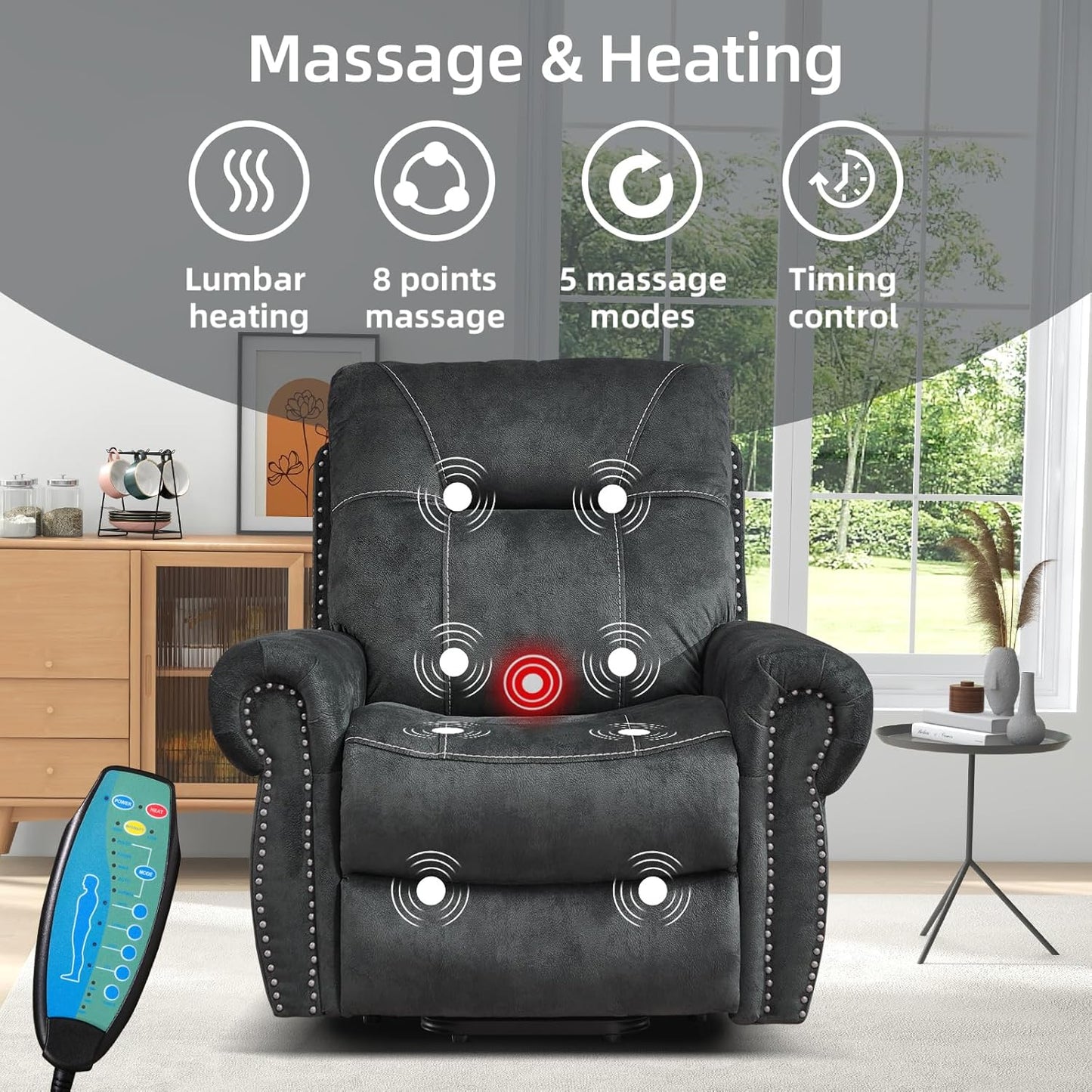 EBELLO 2 Pieces Reclining Couch Furniture Set for Living Room, 1 Seat Power Recliner and a 3 Seater Sofa, Vintage Rivet Mid-Century Design for Living Room, Grey