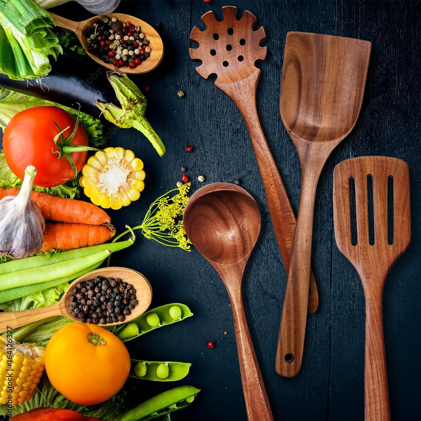 Wooden Spoons for Cooking 9 Pieces Set, Teak Wooden Kitchen Utensil Set, Wooden Cooking Utensils Spoons, Spatulas, Heat-Resistant, Lightweight & Durable, Perfect for Non-Stick Cookware