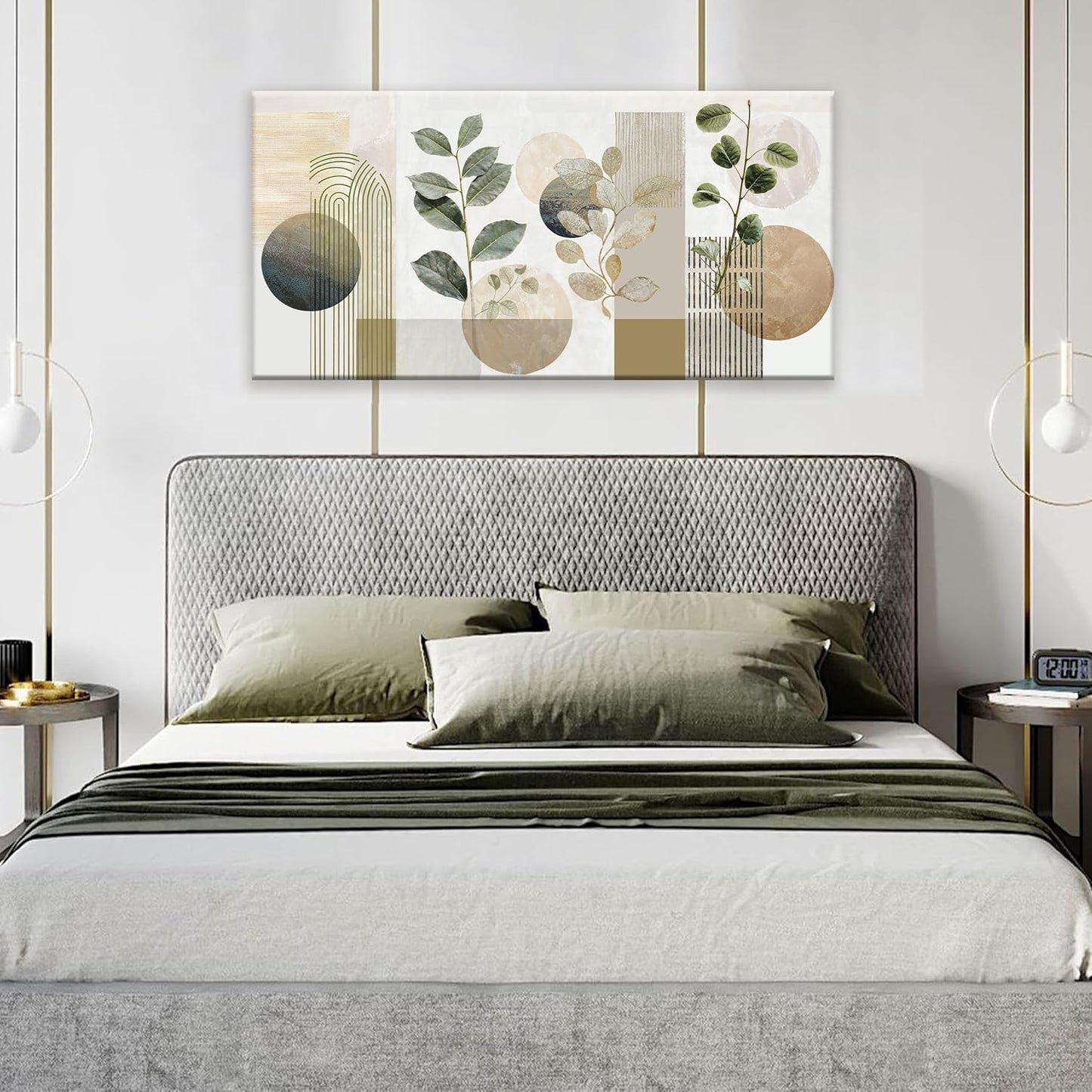 TAIJXAGSG Green Boho Wall Art Minimalist Canvas Wall Art Decor Geometric Line Leaf Beige Green Wall Art Canvas Artwork Print Paintings Abstract Art Botanical Boho Room Office Home Wall Decor 20"X 40"