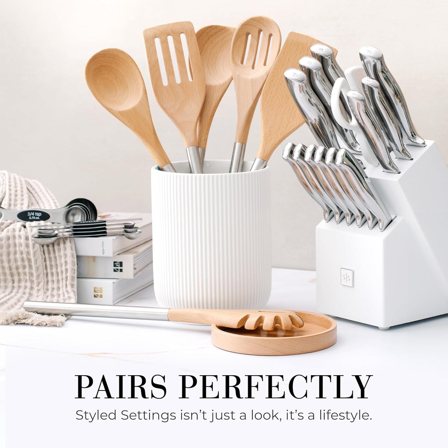 STYLED SETTINGS Wood Cooking Utensils Set with Stainless Steel Handles – 6-PC Durable Wooden Spoons for Cooking, Serving, & Mixing – Kitchen Utensils Set for Nonstick Cookware, Great for Gifting