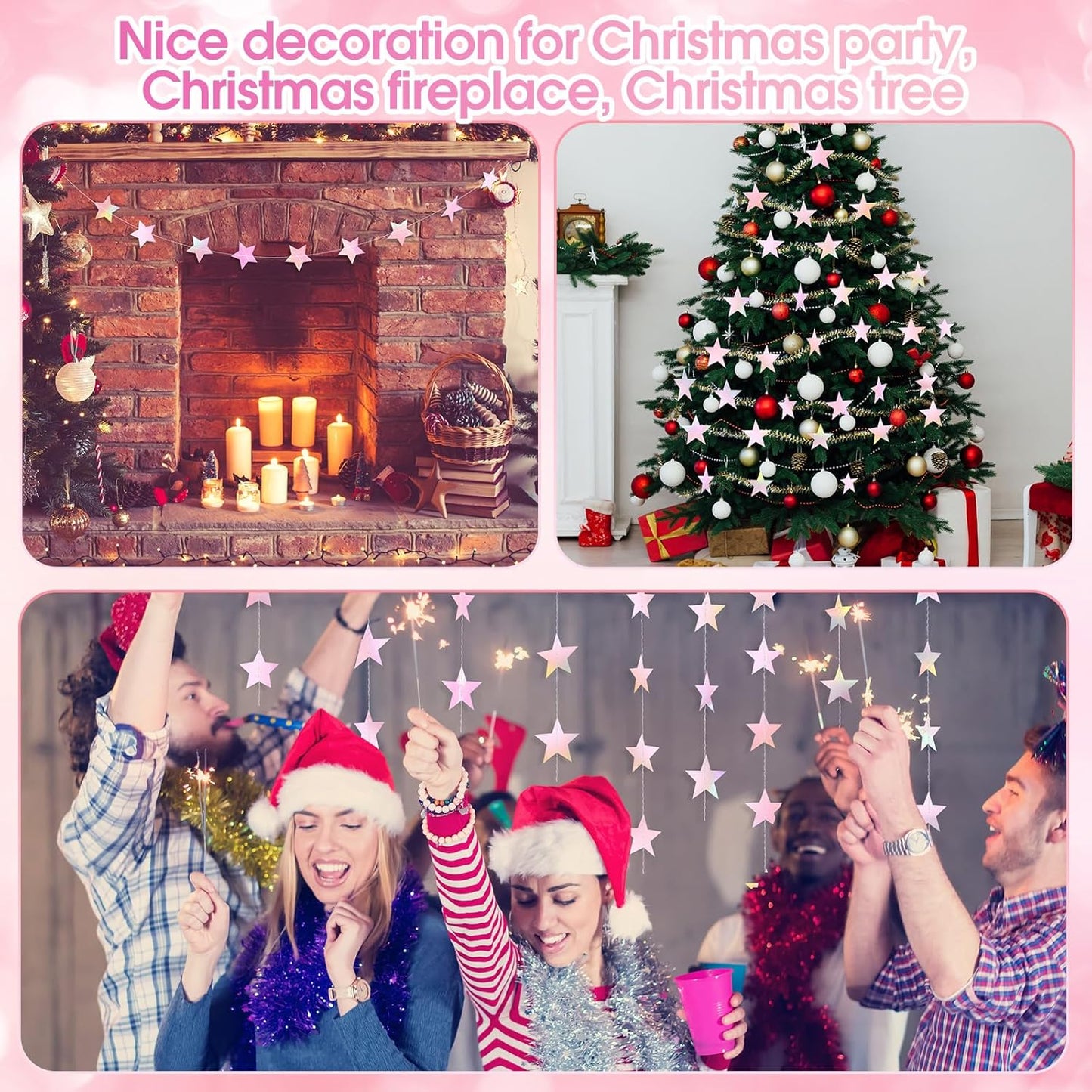 Patelai Glitter Star Garland Banner Decor 130 Feet Star Hanging Bunting Banner Twinkle Backdrop for Homecoming Classroom Wedding Birthday Halloween Christmas Party Supplies(Iridescent Pink)