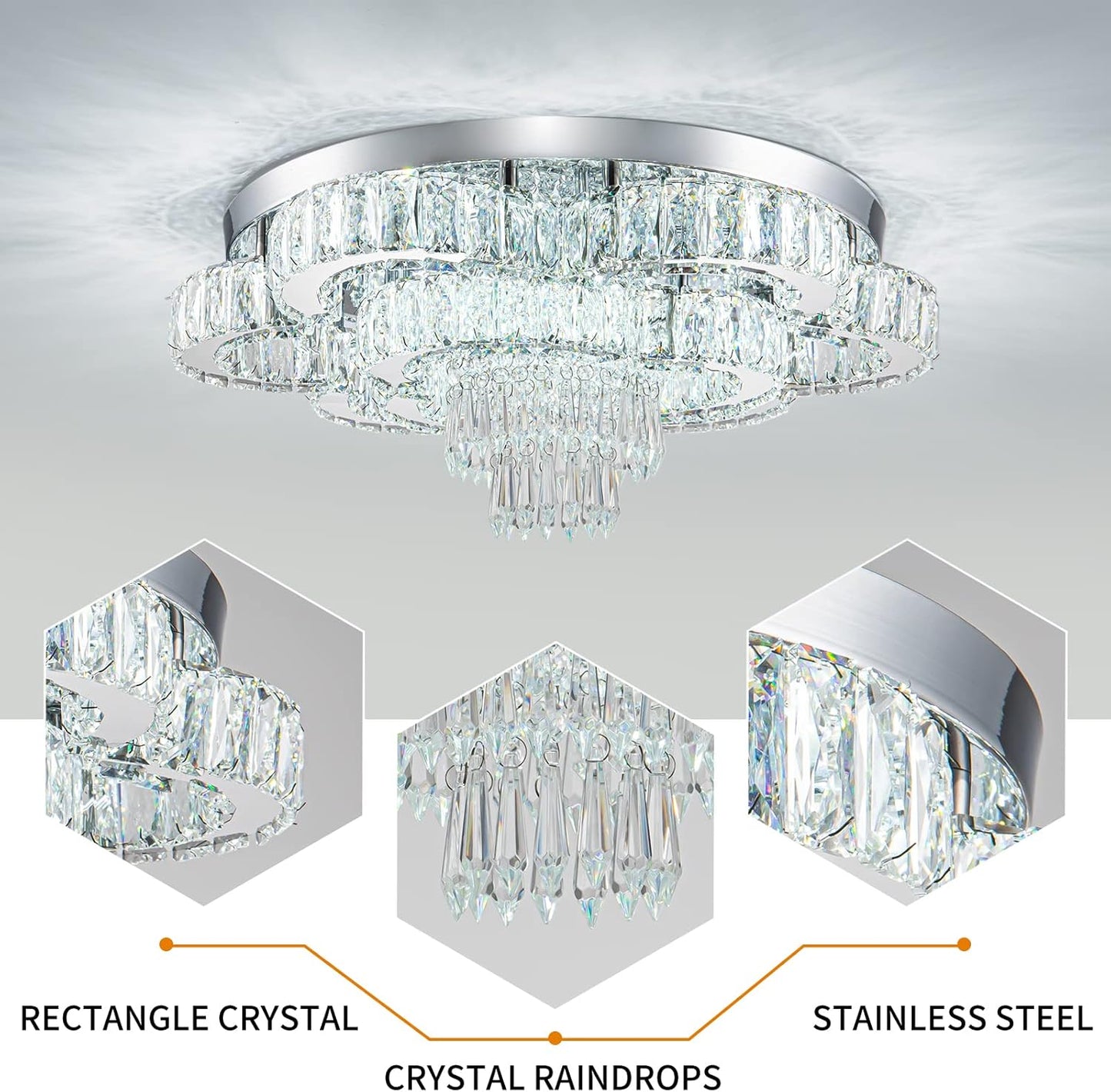 21 Inch Crystal Chandelier LED Flush Mount Ceiling Light Fixtures Luxury Chandeliers for Living Room Bathroom Bedroom Entrance Dining Room(Cool White)