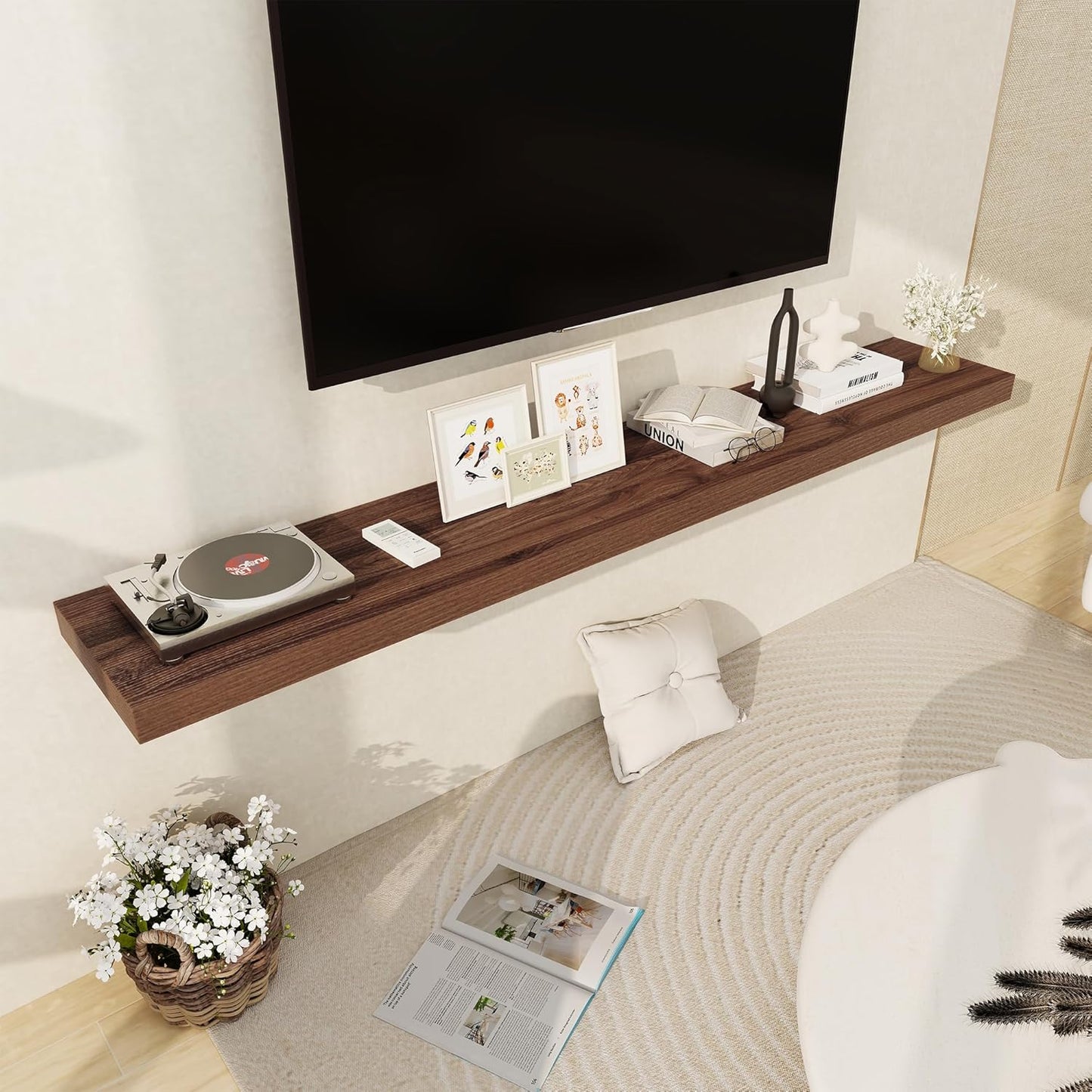 Fun Memories 72 Inch Floating Shelf, 12 Inch Deep Wall Shelf for Fireplace Mantel, Deep Storage Shelves for Home & Office, Wall Shelves with Invisible Bracket, Walnut, Set of 1