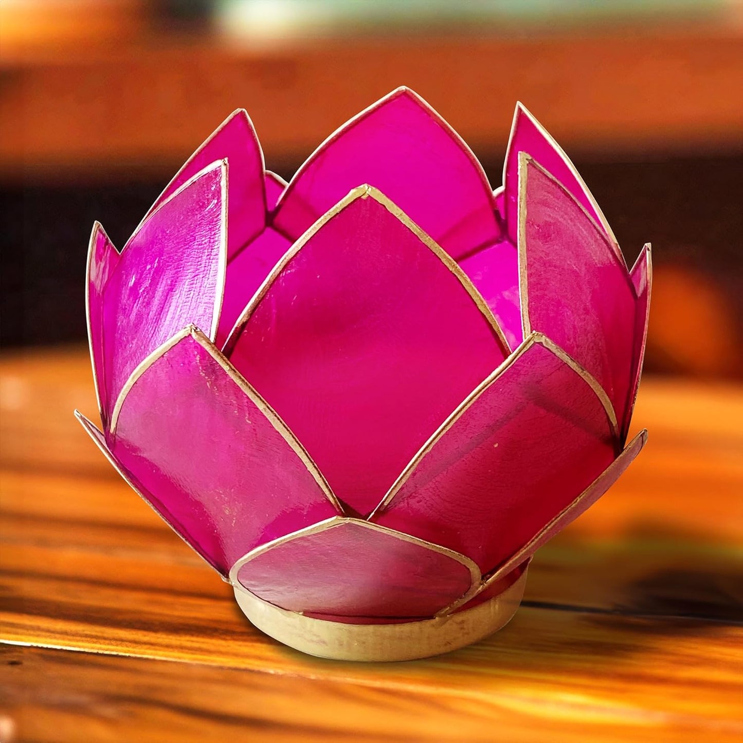 Blooming Lotus Capiz Shell Tealight Candle Holder, Handcrafted Decorative Tea Light Candleholder with Translucent Flower Petals for Ambient Illumination and Natural Elegance, Fuchsia