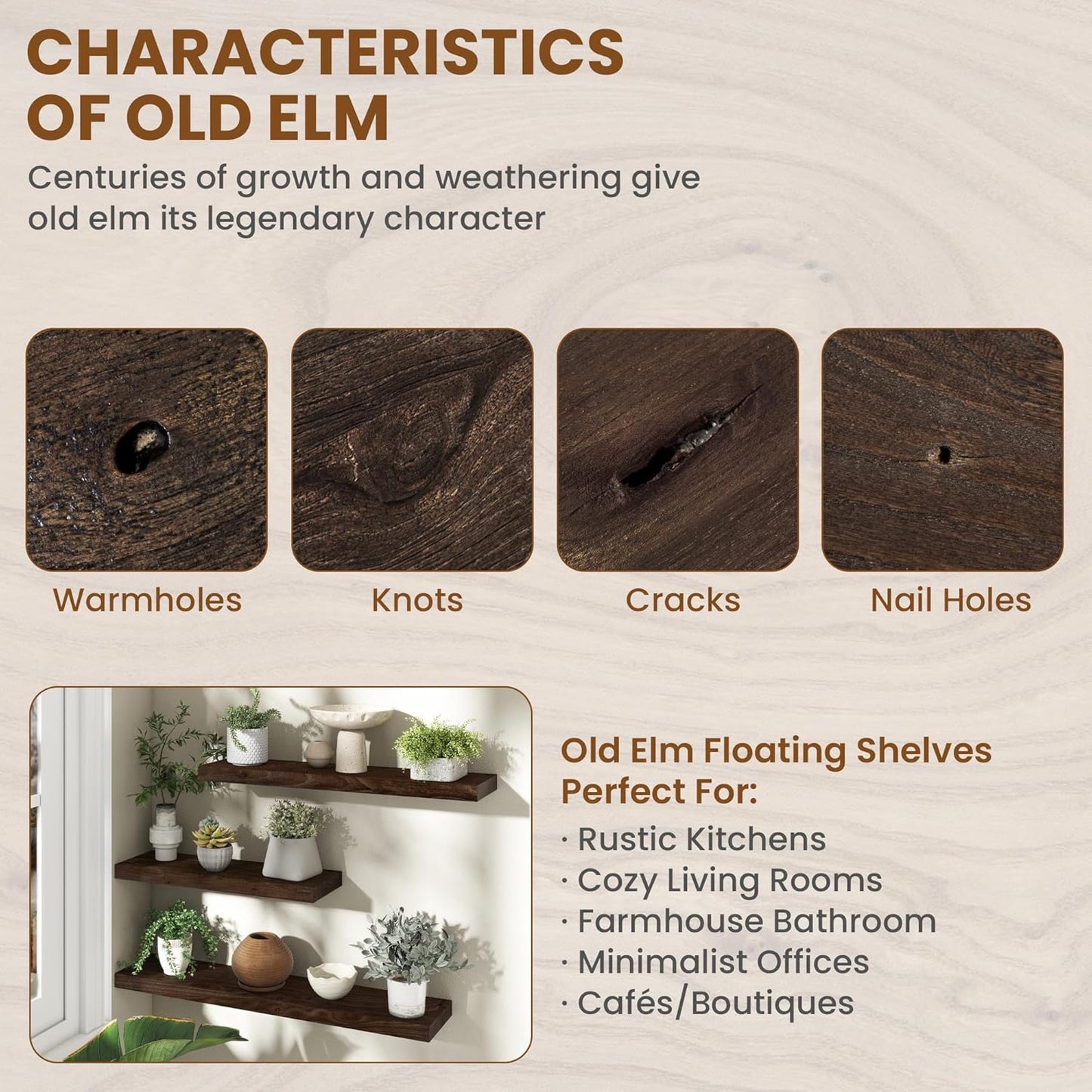 Rustic 30" Floating Shelves, Real Elm Wood Floating Shelf for Wall, Heavy-Duty Wall Shelves for Books, Wooden Floating Shelves with Invisible Bracket for Bathroom, Kitchen, Walnut Color, Set of 2