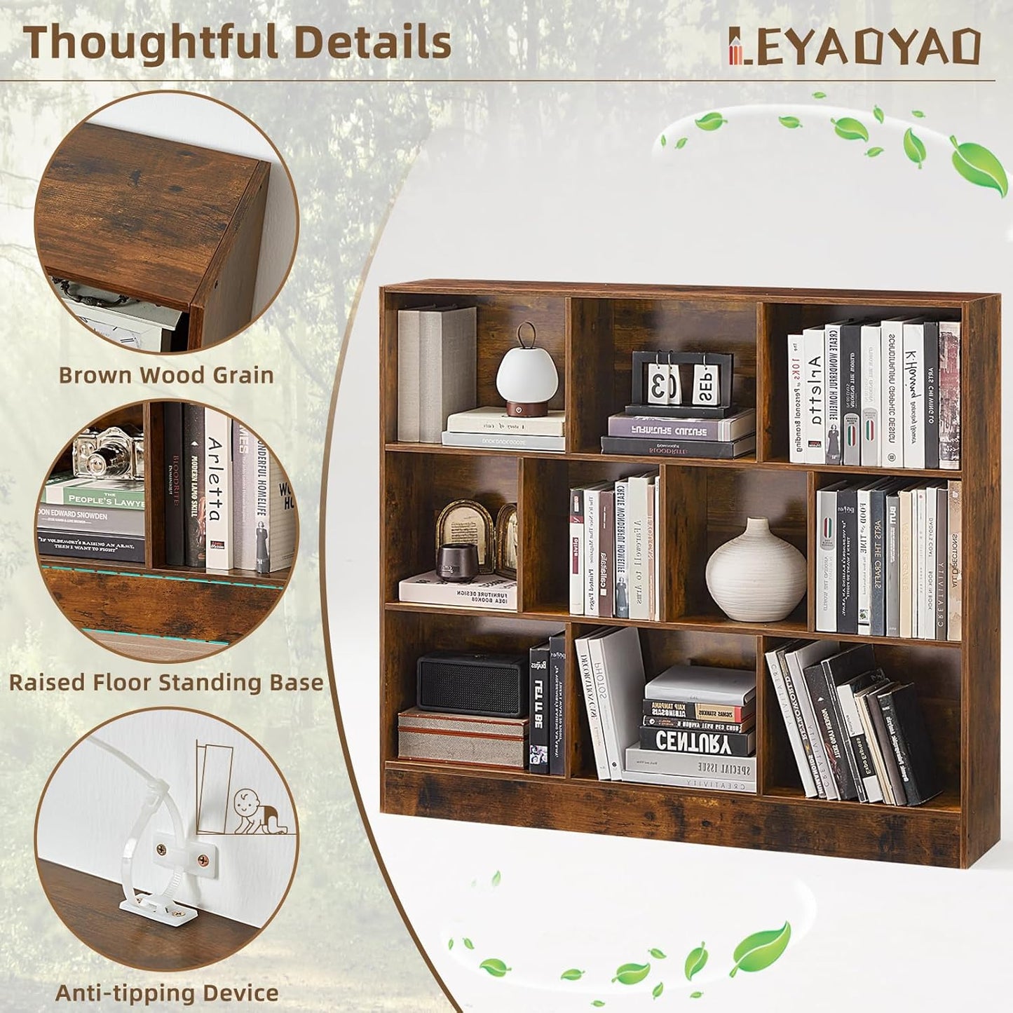 LEYAOYAO 10 Cube Bookshelf with Base,3 Tier Mid-Century Modern Grey Bookcase,Standing Wide Bookshelves Storage Organizer Shelf,Rustic Wood Display Cabinet Book Shelves for Bedroom,Living Room,Office