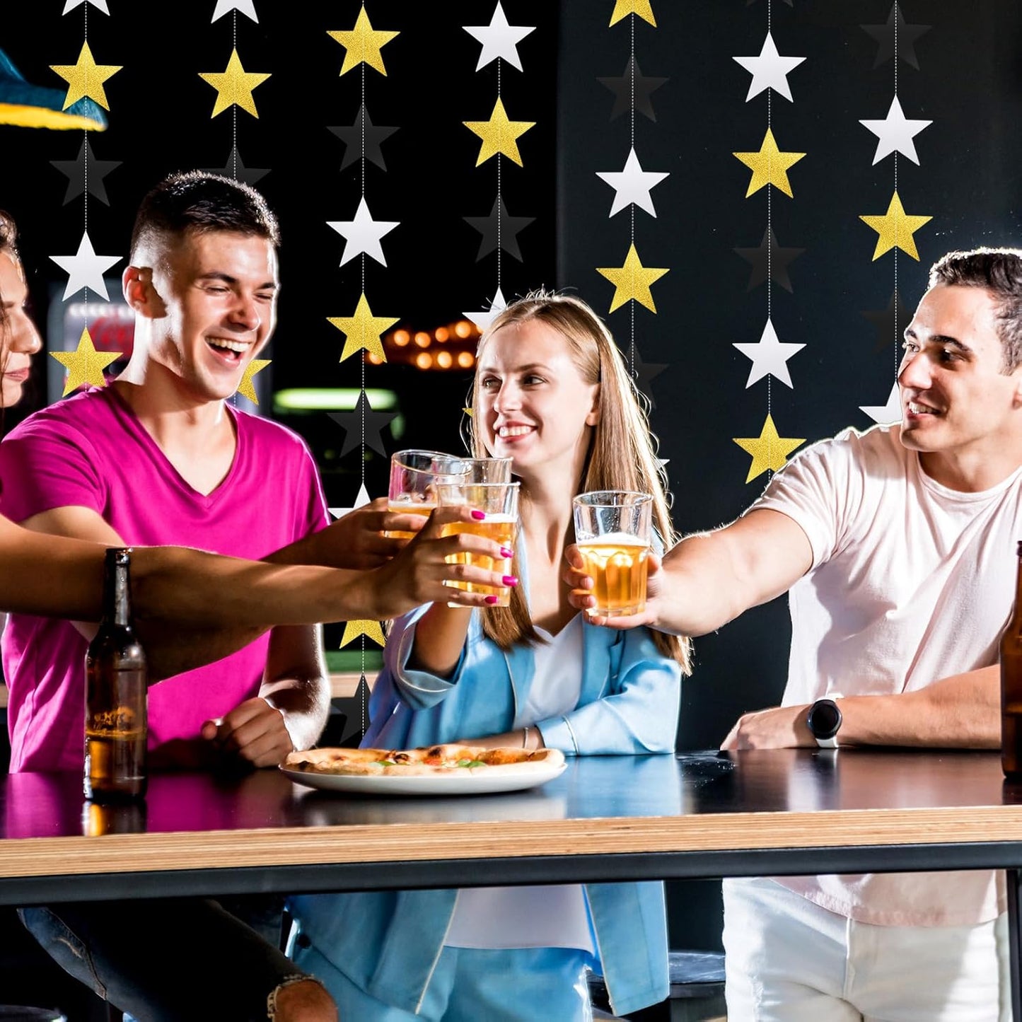 Patelai Glitter Star Garland Banner Decor 130 Feet Star Hanging Bunting Banner Twinkle Backdrop for Homecoming Classroom Wedding Birthday Halloween Christmas Party Supplies(Silver Gold Black)