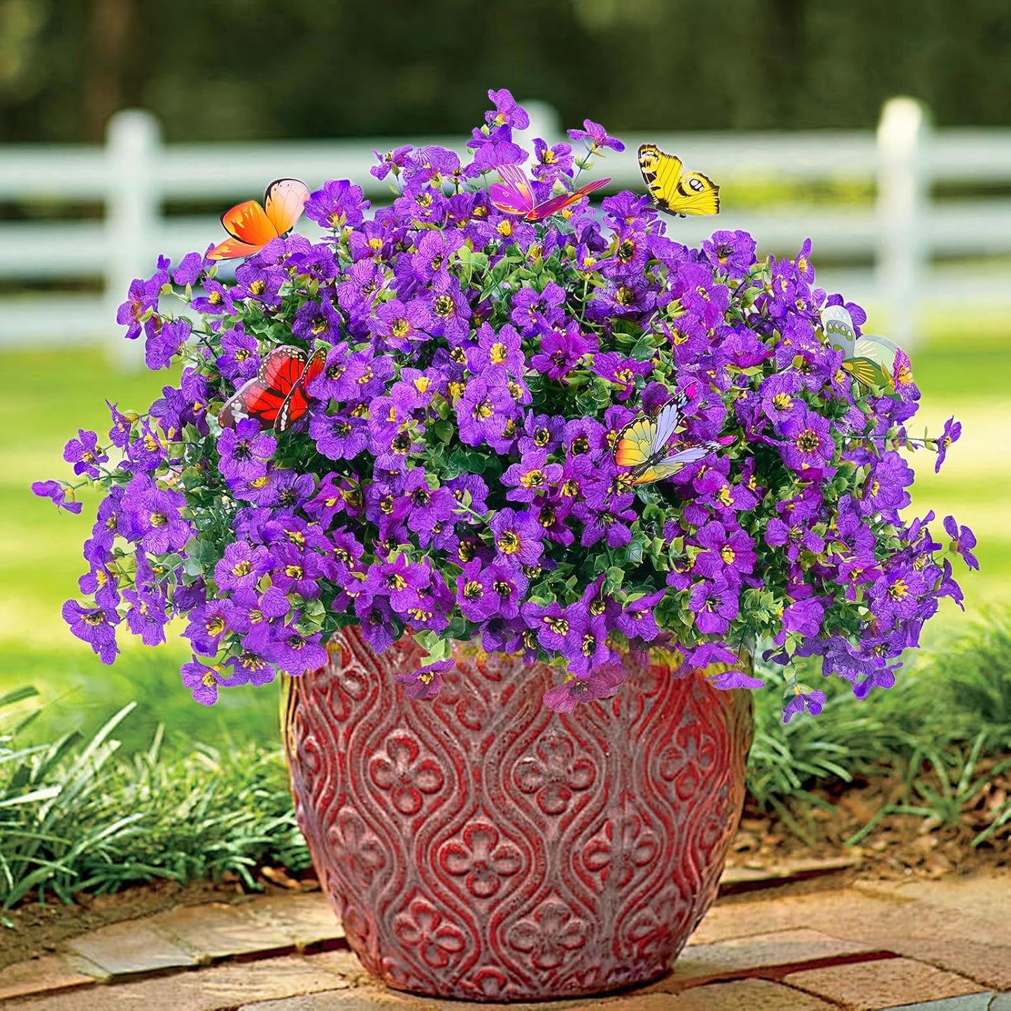 20 Bundles Artificial Flowers for Outdoors with 6 Faux Butterflies, UV Resistant Fake Flowers with Eucalyptus Leaves, Artificial Plants Outdoor for Patio Garden Porch Home Decor (Purple)