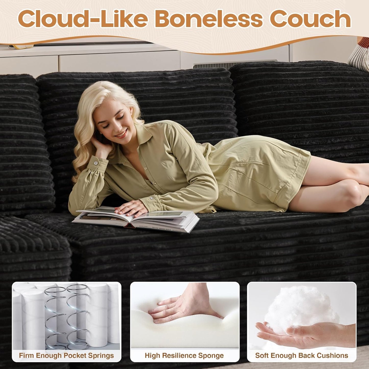 Cloud Sectional Couches for Living Room,U Shaped Modular Sofas No Assembly,133x68 Inches Plush Corduroy Oversized Floor Couch Set with Deep Seat Chaise,Black