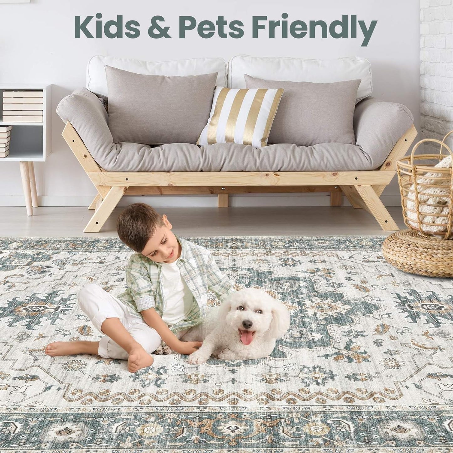 Washable Area Rugs for Living Room -9x12 Neutral Vintage Distressed Floral Farmhouse Boho Large Soft Floor Rug Indoor Non Slip Carpet for Living Room Bedroom Dining Room Office -Green/Grey