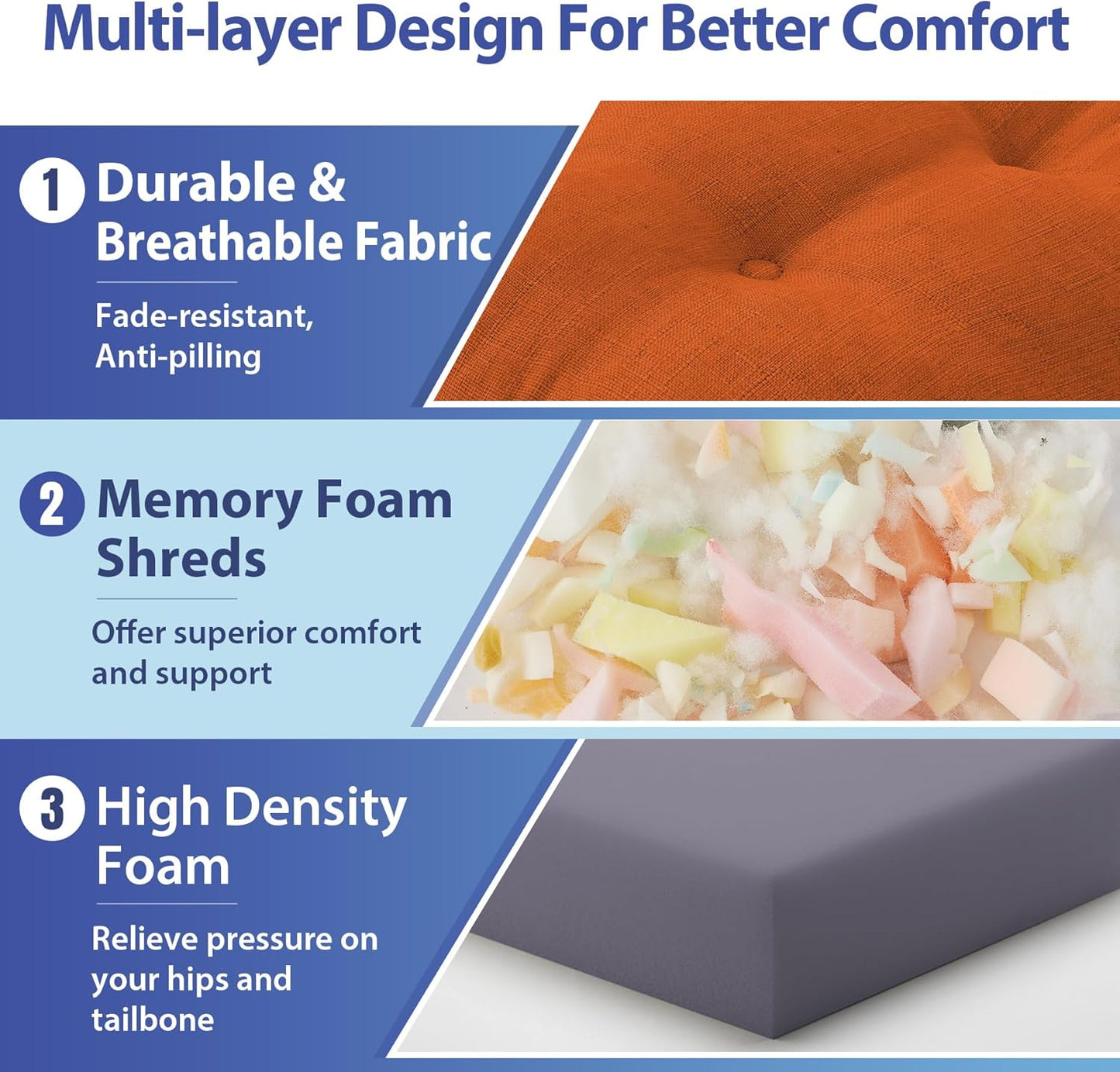 Chair Cushions for Dining Chairs, Dining Chair Cushions, Tufted Indoor Chair Pads with Ties & Non Slip Backing, Seat Cushions for Kitchen Chairs 16.5” x 16.5” x 3.5”, Set of 6, Orange