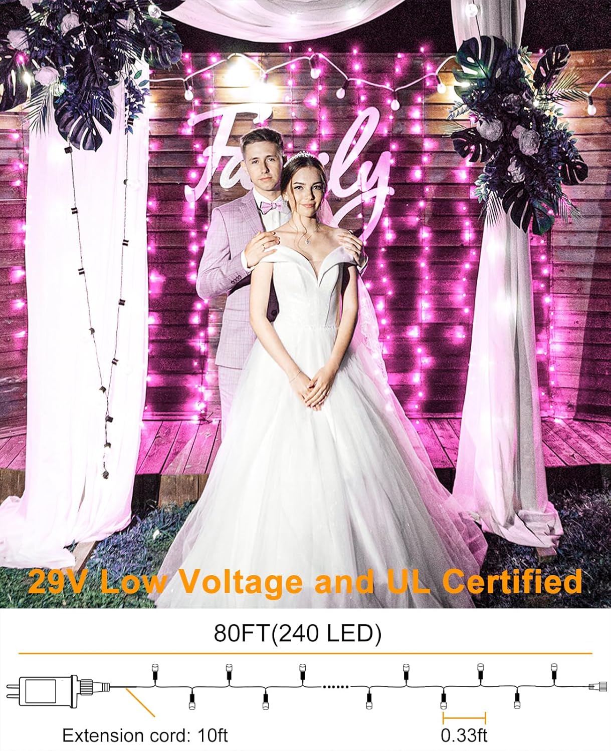 Christmas Lights Outdoor, 80FT 240 LED Christmas Tree Lights, Waterproof & 8 Modes & Timer, Connectable Green Wire String Light for Indoor Home Garden Xmas Party Holiday Decorations, Pink