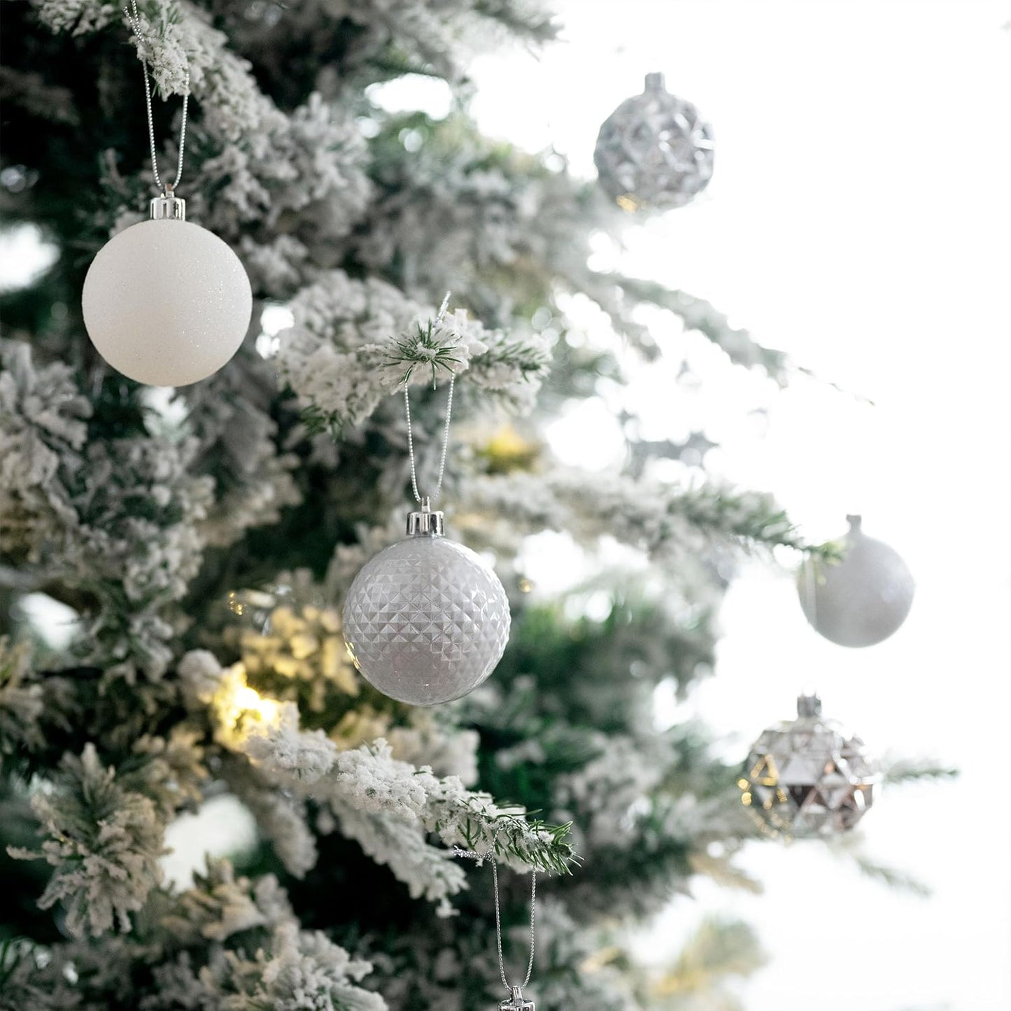 Valery Madelyn Christmas Tree Decorations Ornament Set for Fall Halloween, 50ct 2.36 Inches White and Silver Shatterproof Christmas Ball Ornaments Hanging Xmas Holiday Party Decor