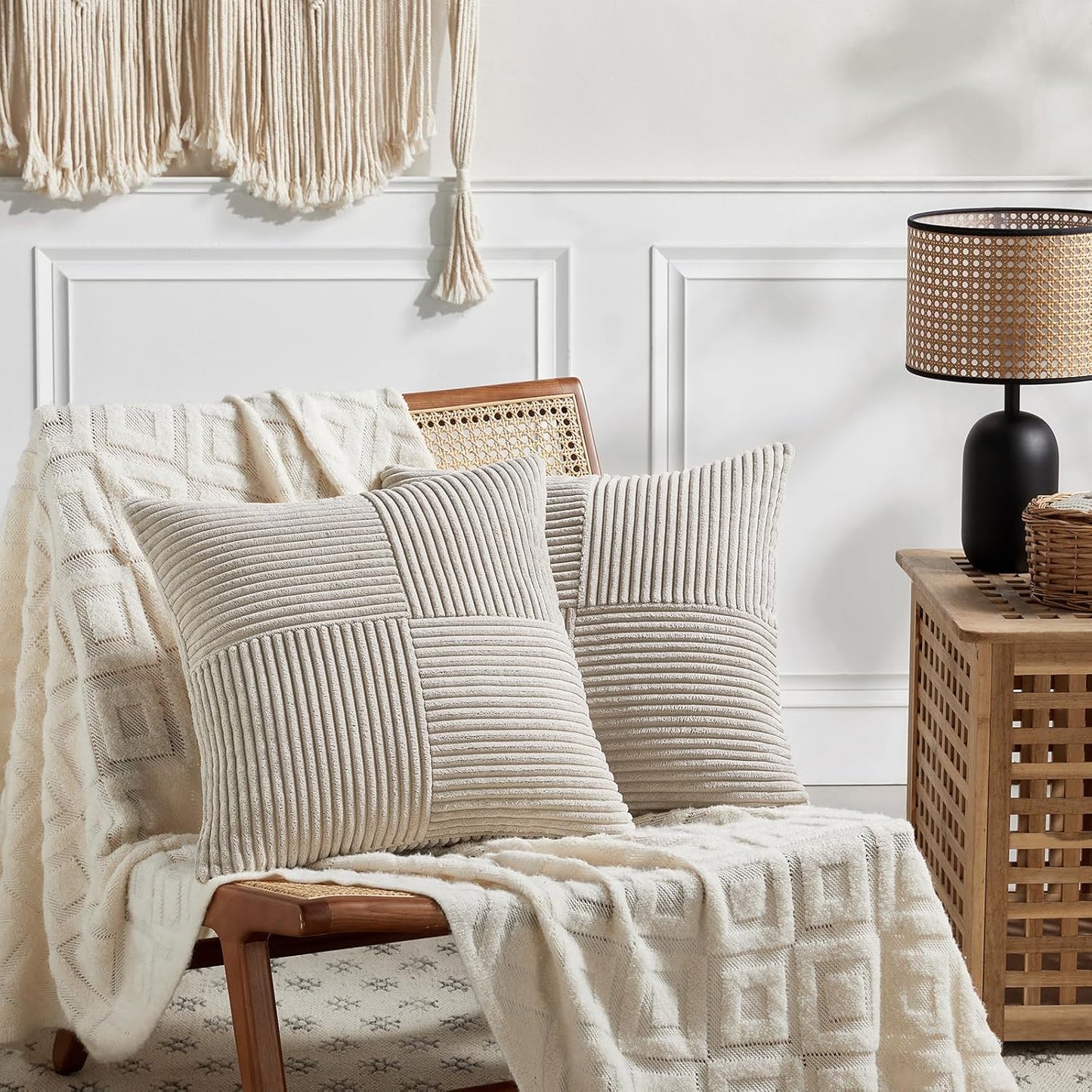 Fancy Homi 2 Packs Neutral Taupe Decorative Throw Pillow Covers 22x22 Inch for Living Room Couch Bed Sofa, Rustic Farmhouse Boho Home Decor, Soft Corss Corduroy Patchwork Accent Cushion Case 55x55 cm