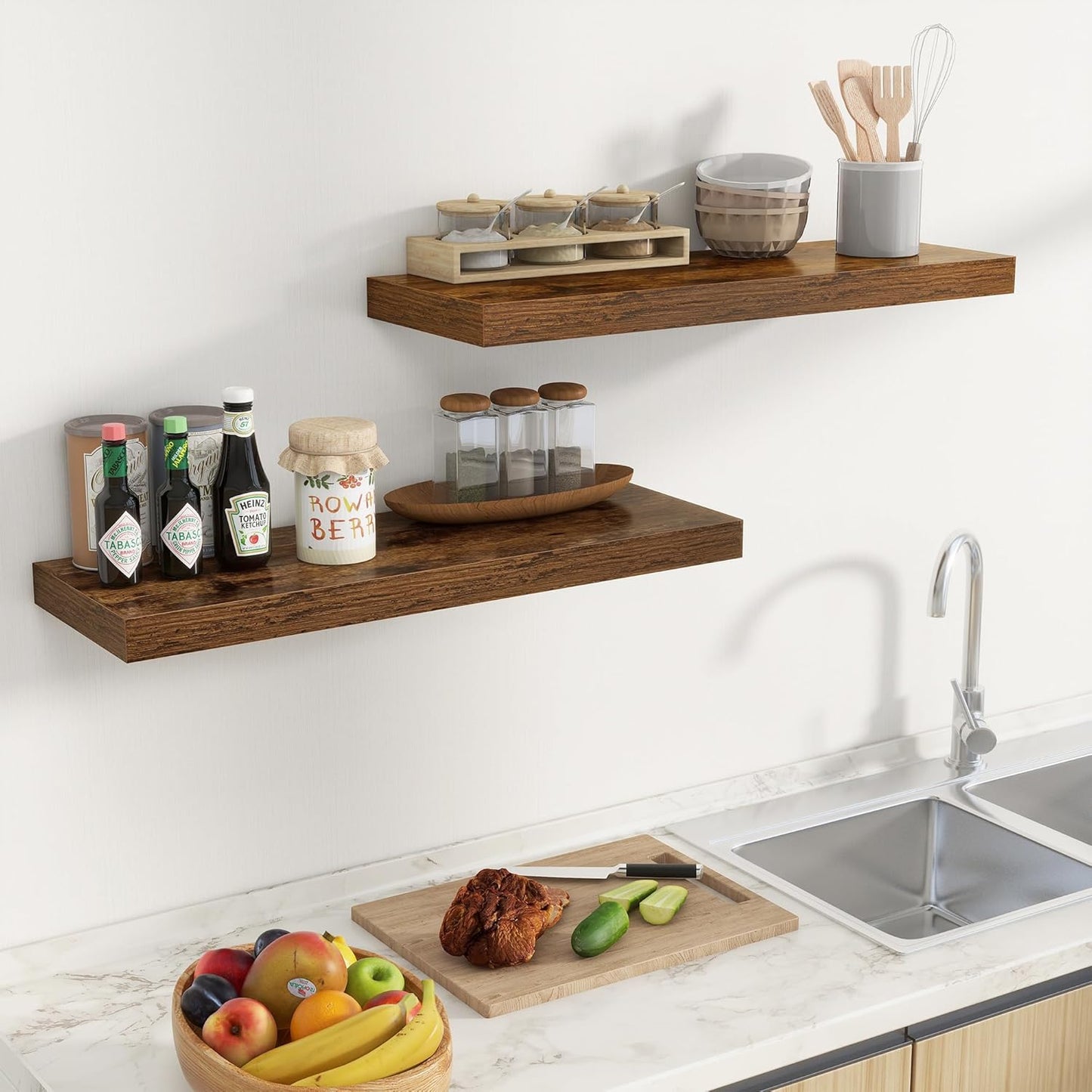 Fun Memories Floating Shelves for Wall, 32 Inch Long Floating Shelves Set of 2, 32 x 10 Wooden Shelves for Wall, Large Storage Shelves, Hanging Shelves for Bathroom Kitchen Bedroom, Rustic Brown