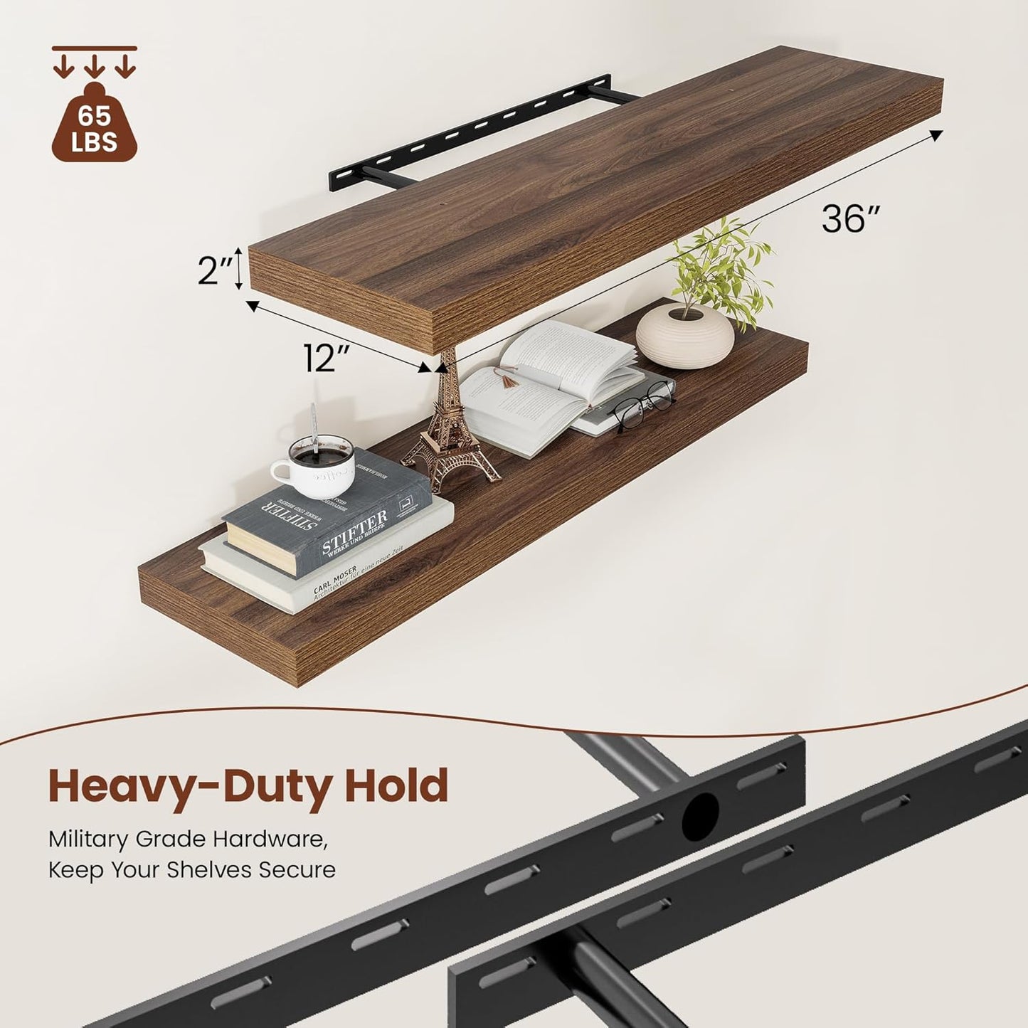 Wide Floating Shelves for Wall 12 Inch Deep, 36" X 12" X 2" Floating Shelf, 2 Inch Thick Shelf for Bathroom Bedroom Kitchen Book Room, Heavy Duty 65lbs Shelves for Farmhouse Decor Set of 2, Walnut