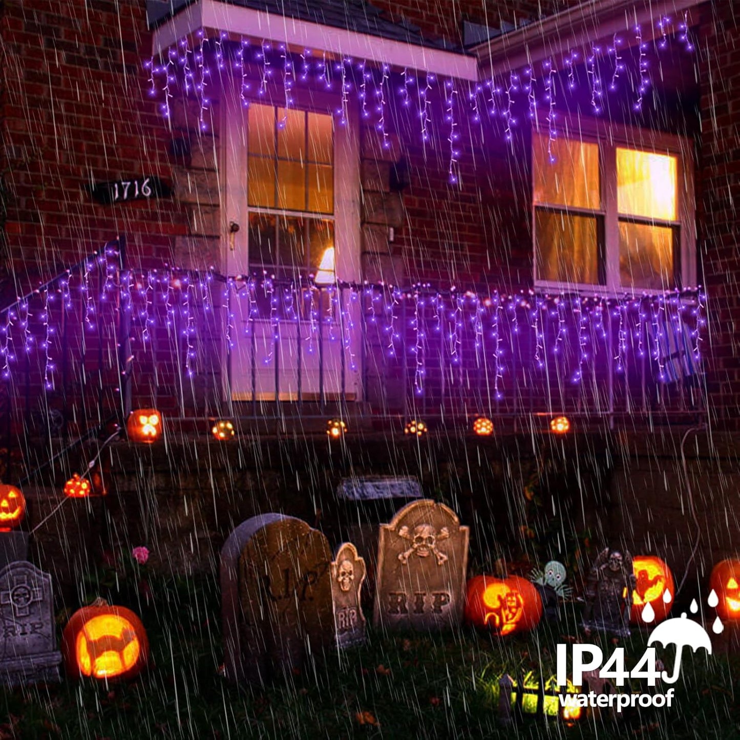 QITONG Purple Halloween Lights, 66ft 800 LED Icicle Light for Outside Indoor Plug in, 8 Modes Clear Wire Connectable Christmas Lights with 160 Drops