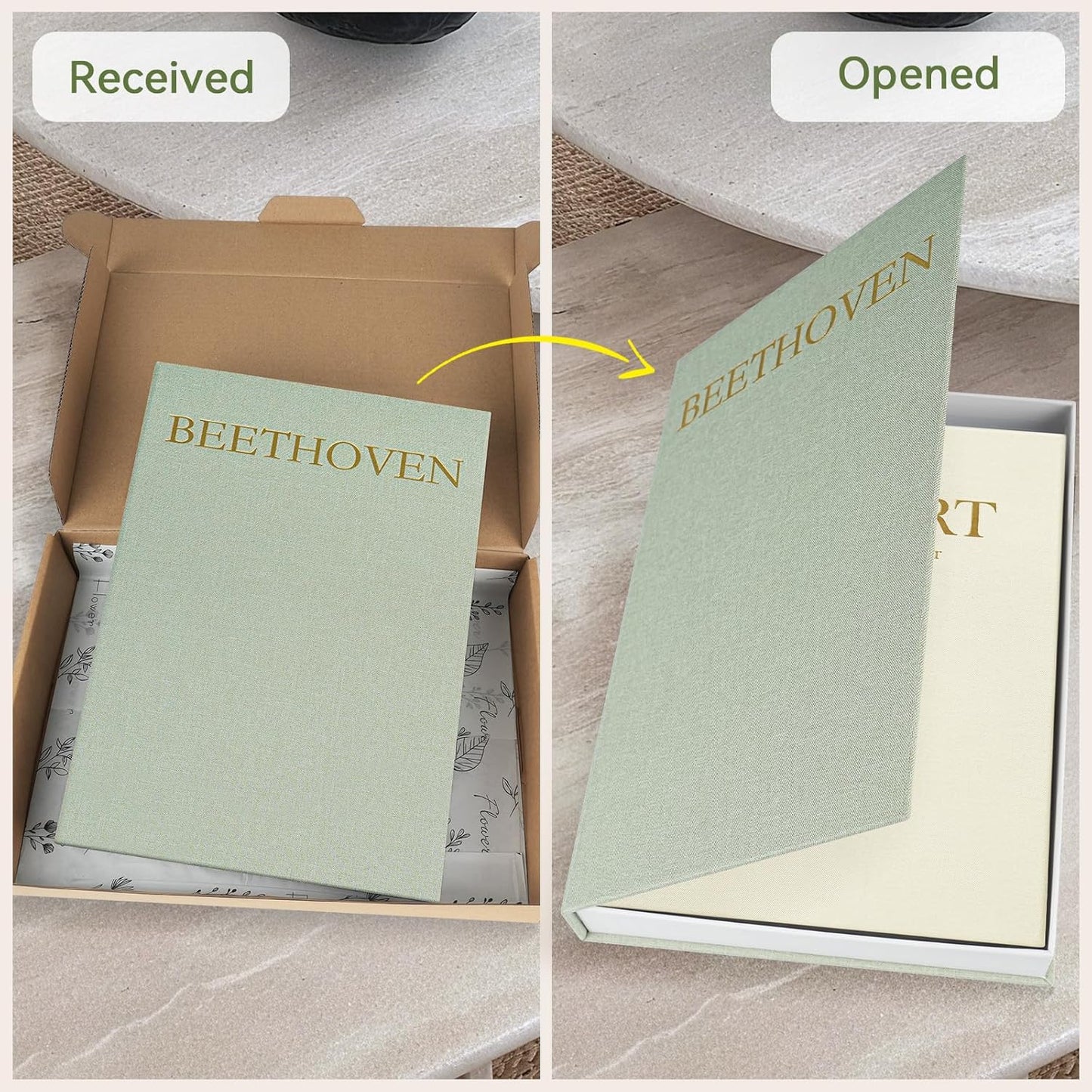 Aesthetic Decorative Books -Set of 2 Minimalist Linen Hardcover Faux/Fake Books for Coffee Table Home Decor Living Room Decoration, Photo Storage or as a Keepsake Box(Sage-beige-musician)