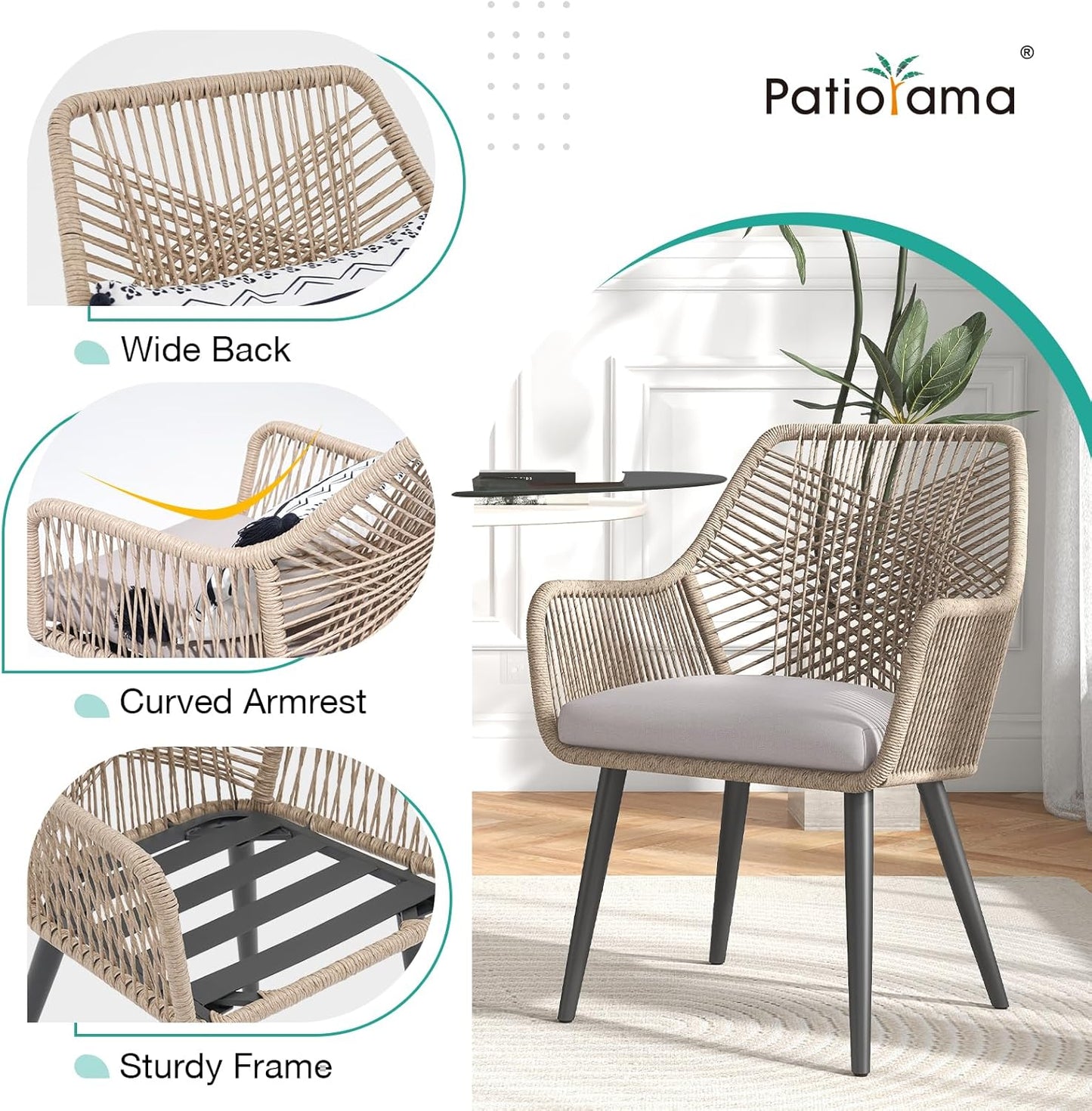 Patiorama Patio Dining Chair Set of 2, Woven Rope Outdoor Dining Chairs w/Steel Frame, All-Weather Twisted Rattan Chairs w/Armrest & Cushion, Outdoor Dining Wicker Chairs for Backyard Garden(Beige)