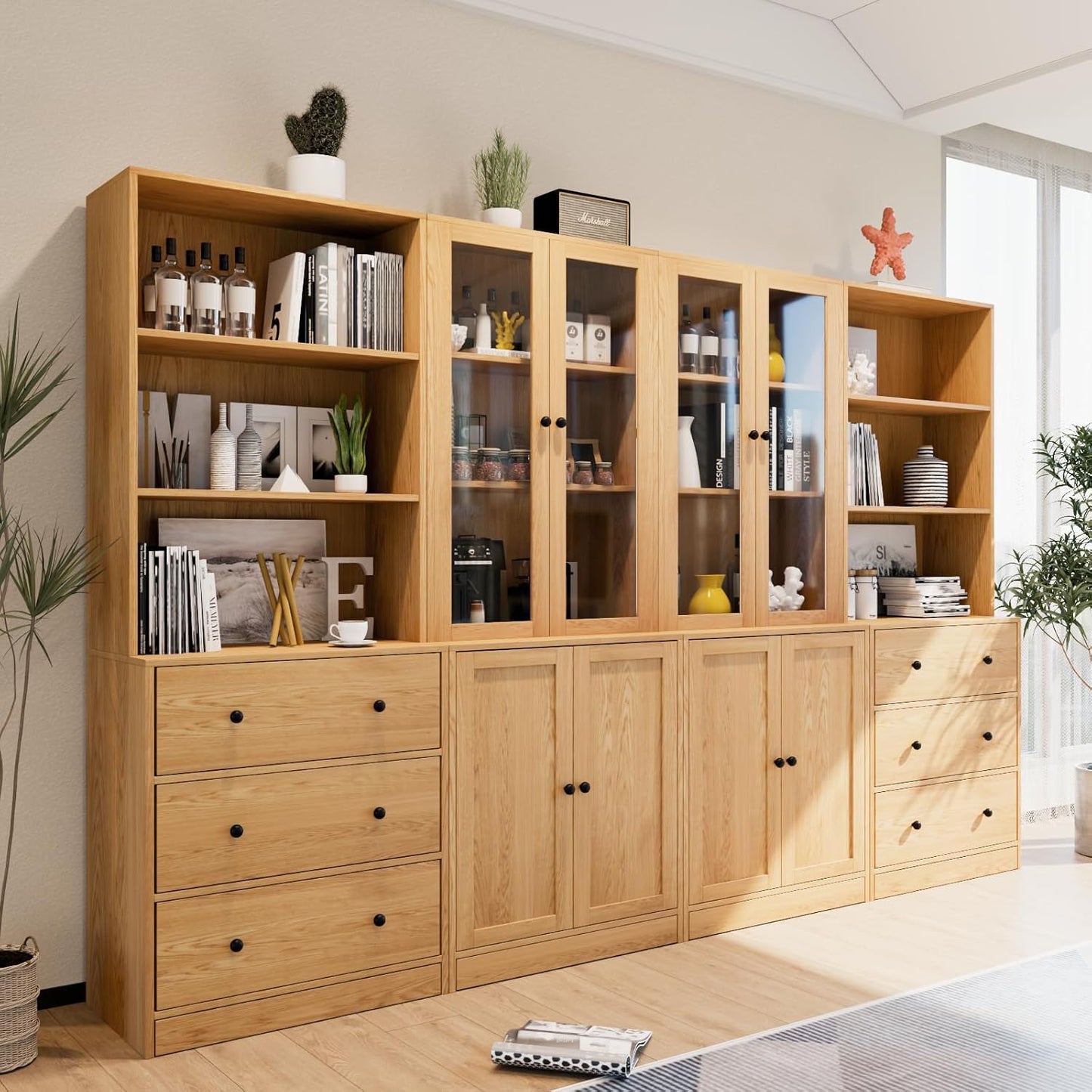 TUSY 71" Bookshelf Bookcase, 3-Tier Modern Bookshelves 3 Large Drawer, Wood Filing Cabinet with Open Storage Shelf, Glass Doors 5-Tier Fixed Storage Shelves for Home Office (Wood)