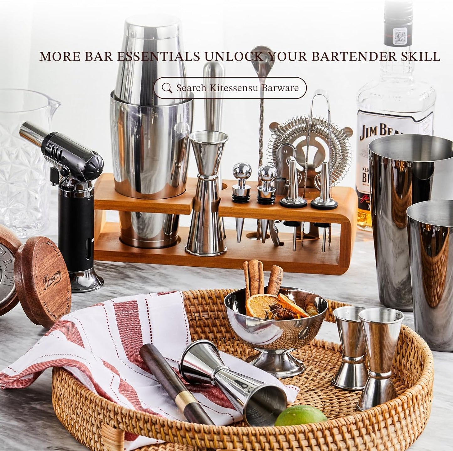 KITESSENSU Cocktail Shaker Set Bartender Kit with Stand | Bar Set Drink Mixer Set with All Essential Bar Accessory Tools: Martini Shaker, Jigger, Strainer, Mixer Spoon, Muddler, Liquor Pourers | Black