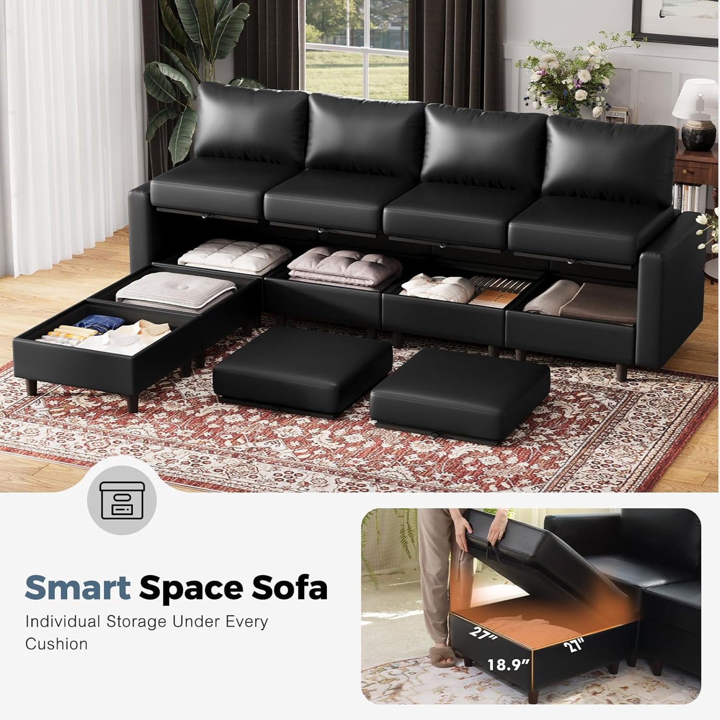 118.5" Faux Leather Modular Sectional Sofa, L Shaped Couch Set for Living Room, 5-Seater Comfy Cloud Couches with Movable Storage Ottoman,DIY Combination - Black