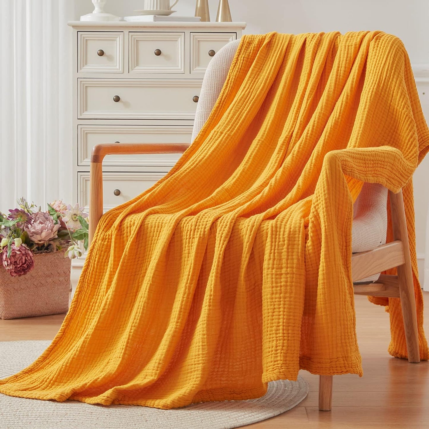 EMME Cotton Twin Blanket 100% Muslin Blanket for Couch Breathable Gauze Blanket All Season Soft and Lightweight Pre-Washed (Mustard Yellow, 60"x80")