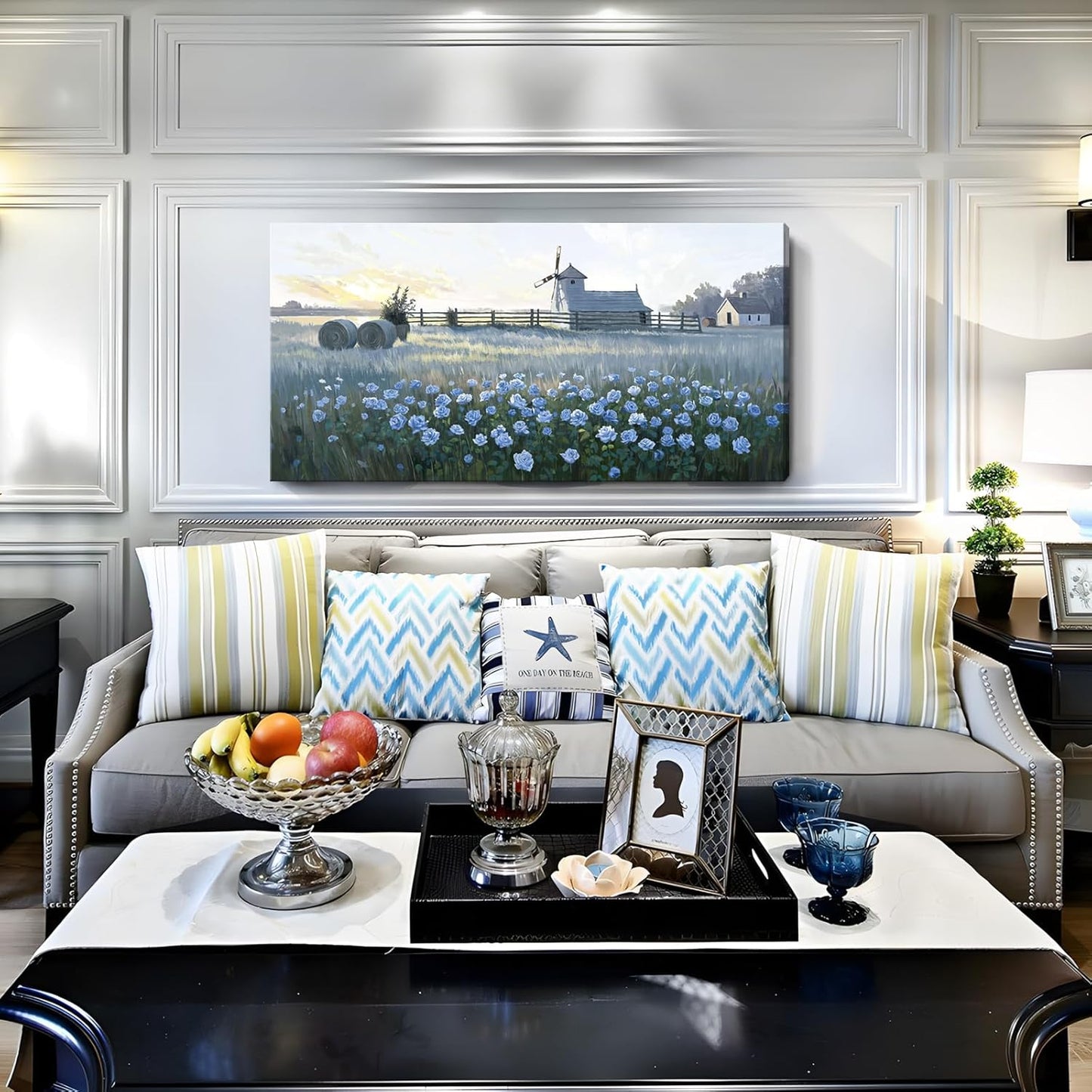 amatop Large Rustic Canvas Wall Art – Farmhouse Blue Rose and Windmill Landscape Picture, Nature Country Floral Sunset Wall Decor for Living Room Bedroom, Countryside Botanical Artwork Print 48x24 Inch