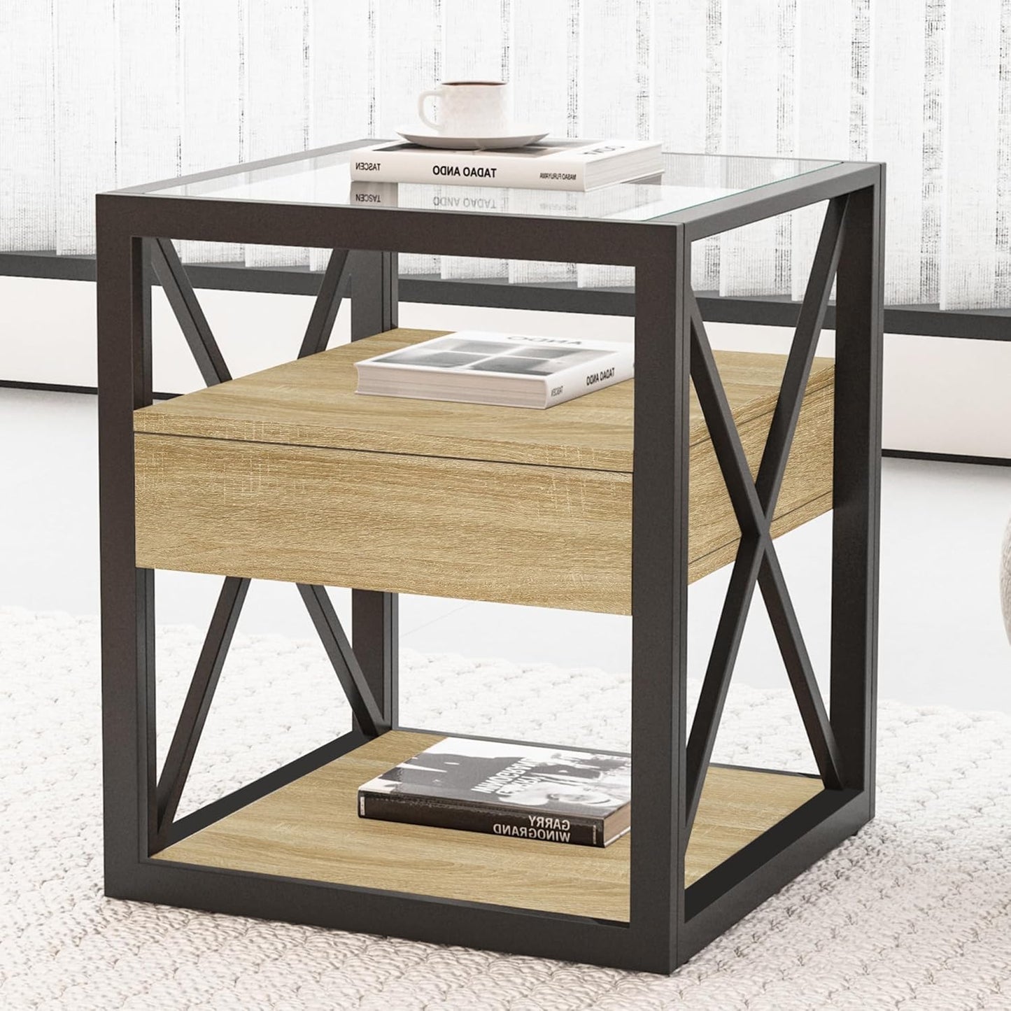 Farmhouse End Table, Modern Side Table with Drawer&3-Tier Storage Shelf, Square Rustic Nightstand, Accent Tea Table, for Bedroom Office Living Room, Brown, Natural Wood, Glass, Metal